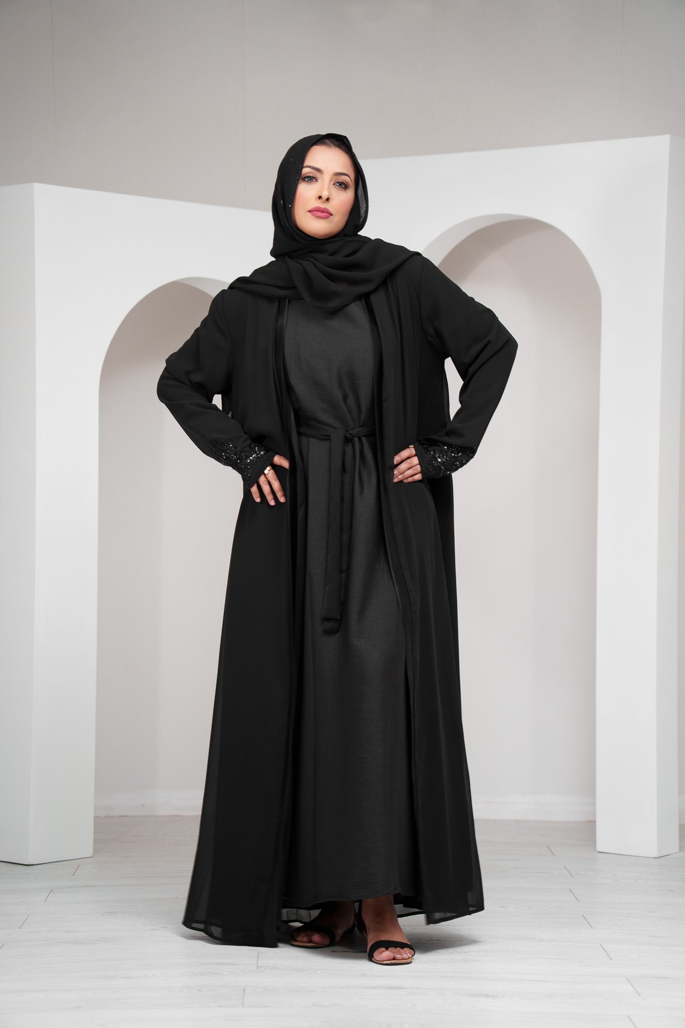 Black 2 Piece Satin Abaya with Belt