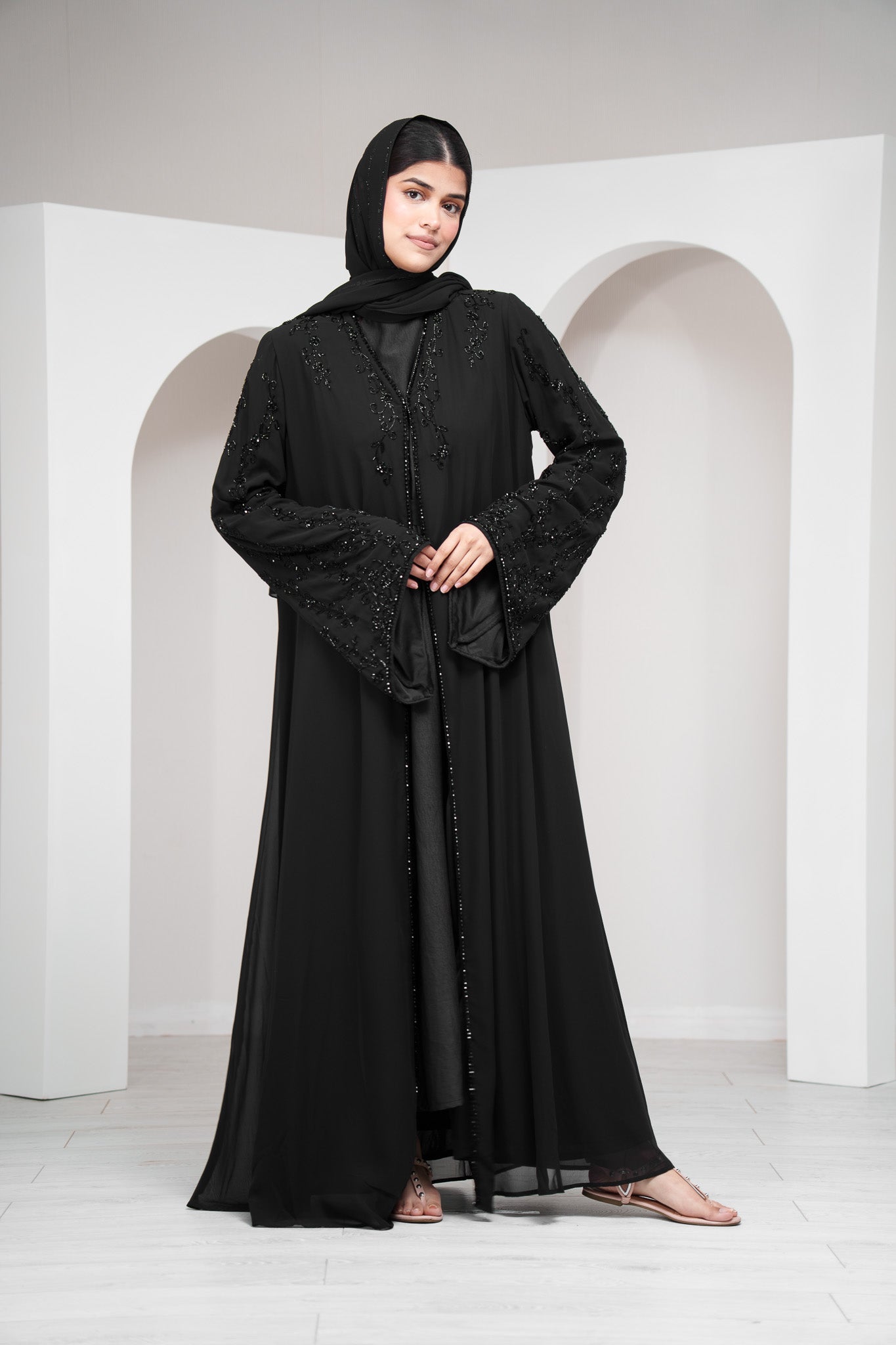 Navy 2 Piece Cape Sleeve Abaya Full Beaded Embroidery with Matching Belt
