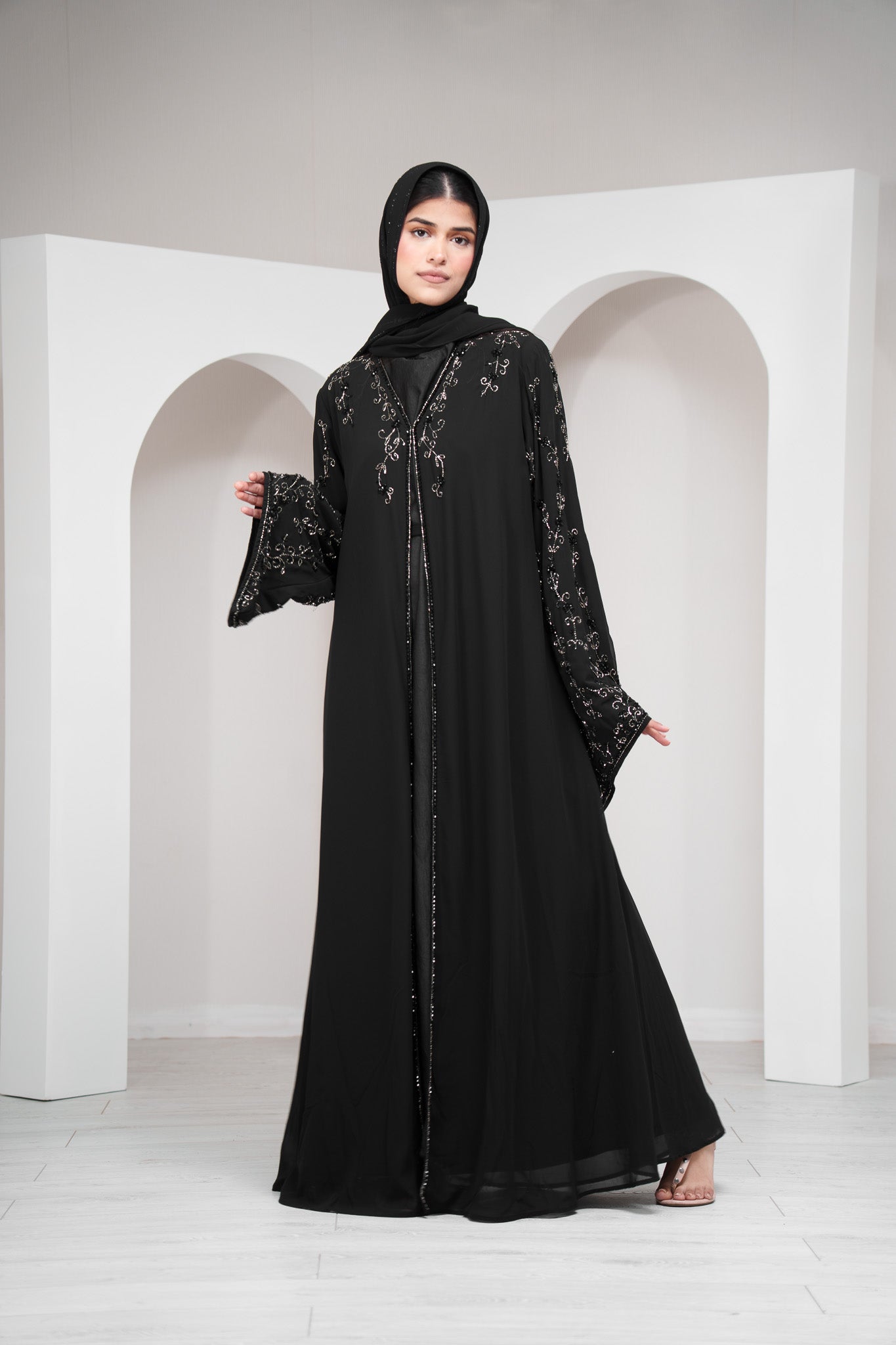 Navy 2 Piece Cape Sleeve Abaya Full Beaded Embroidery with Matching Belt