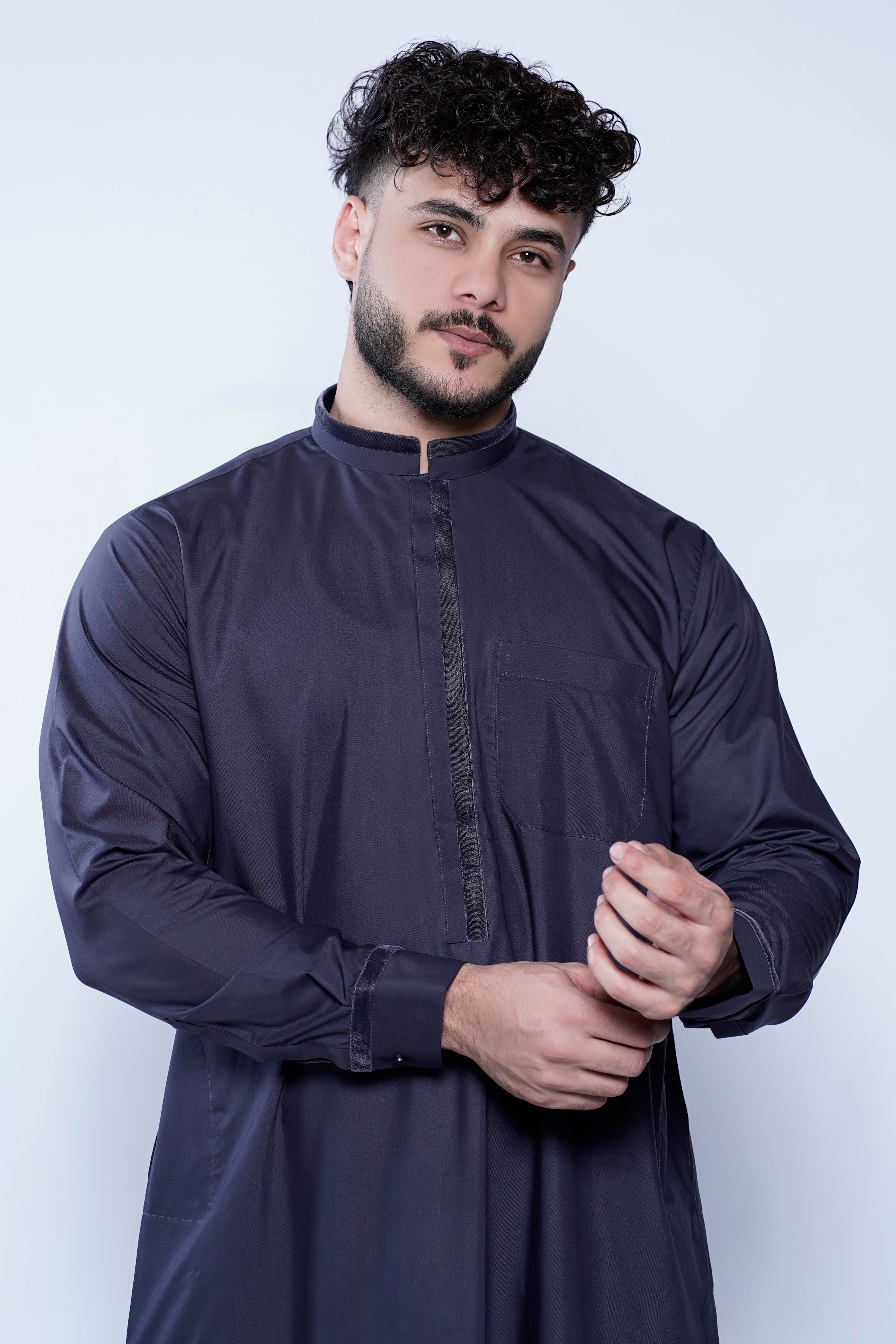 Band Collar Jubba With Velvet Details