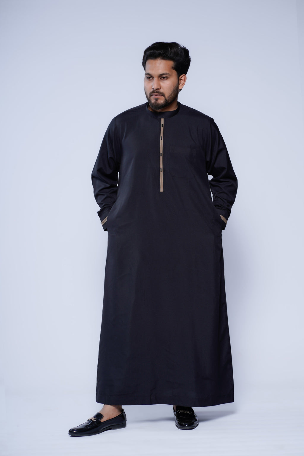 Band Collar Jubba With Velvet Stripe Design