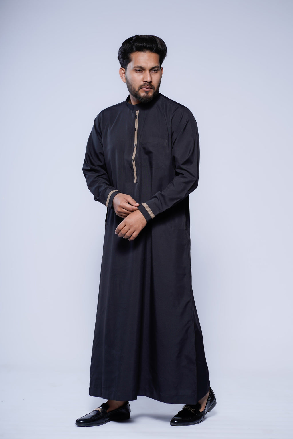 Band Collar Jubba With Velvet Stripe Design