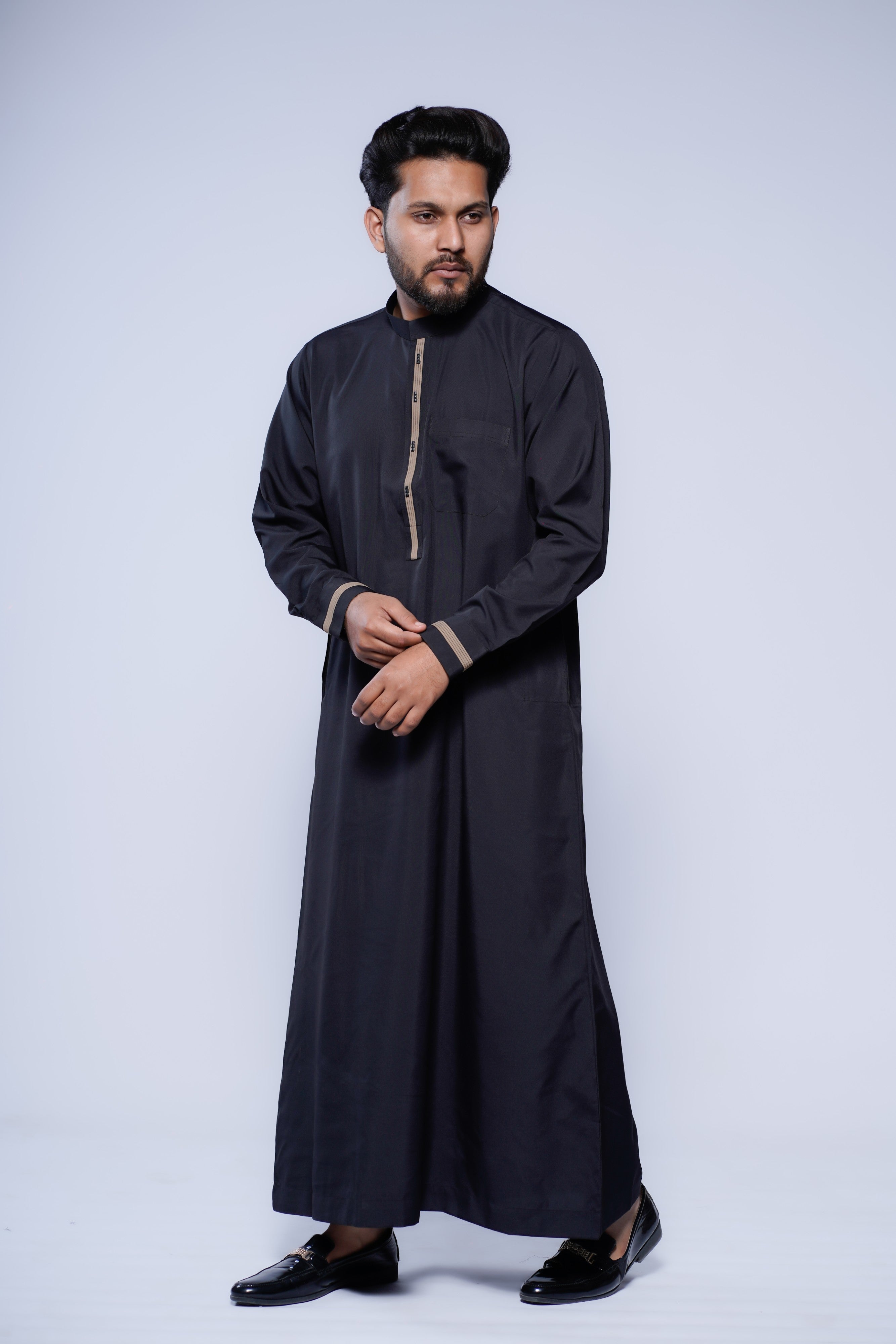 Band Collar Jubba With Velvet Stripe Design