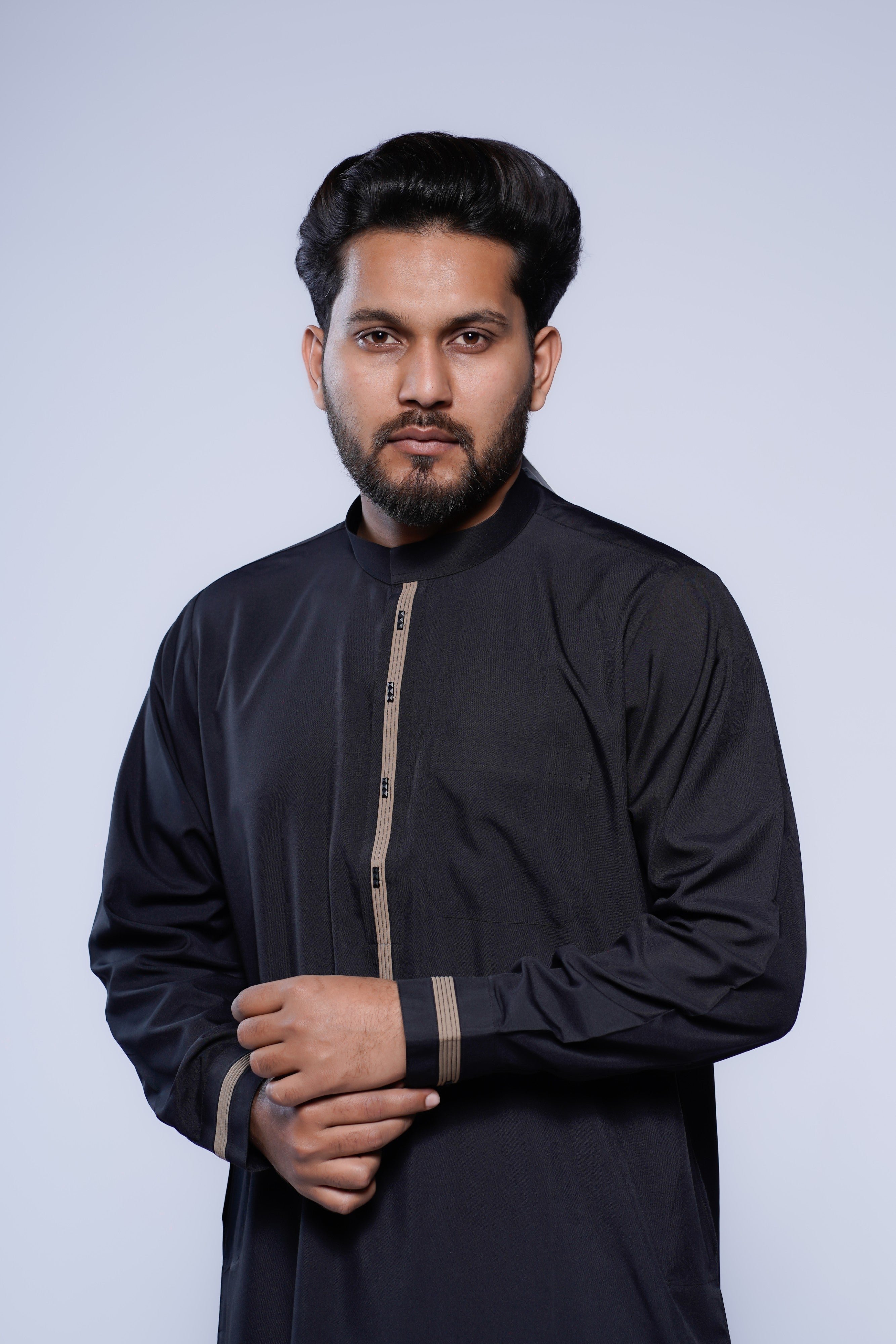 Band Collar Jubba With Velvet Stripe Design