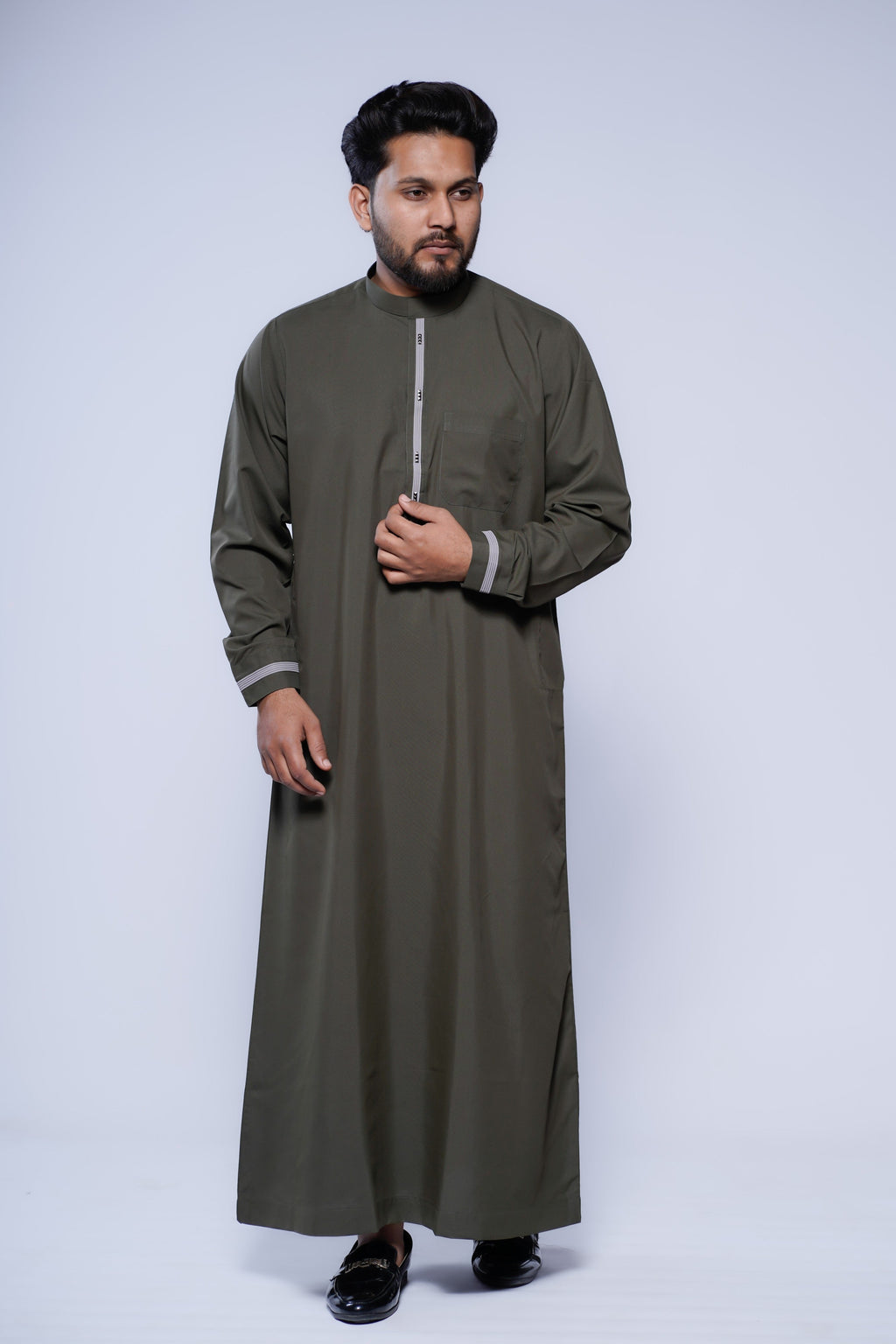 Band Collar Jubba With Velvet Stripe Design