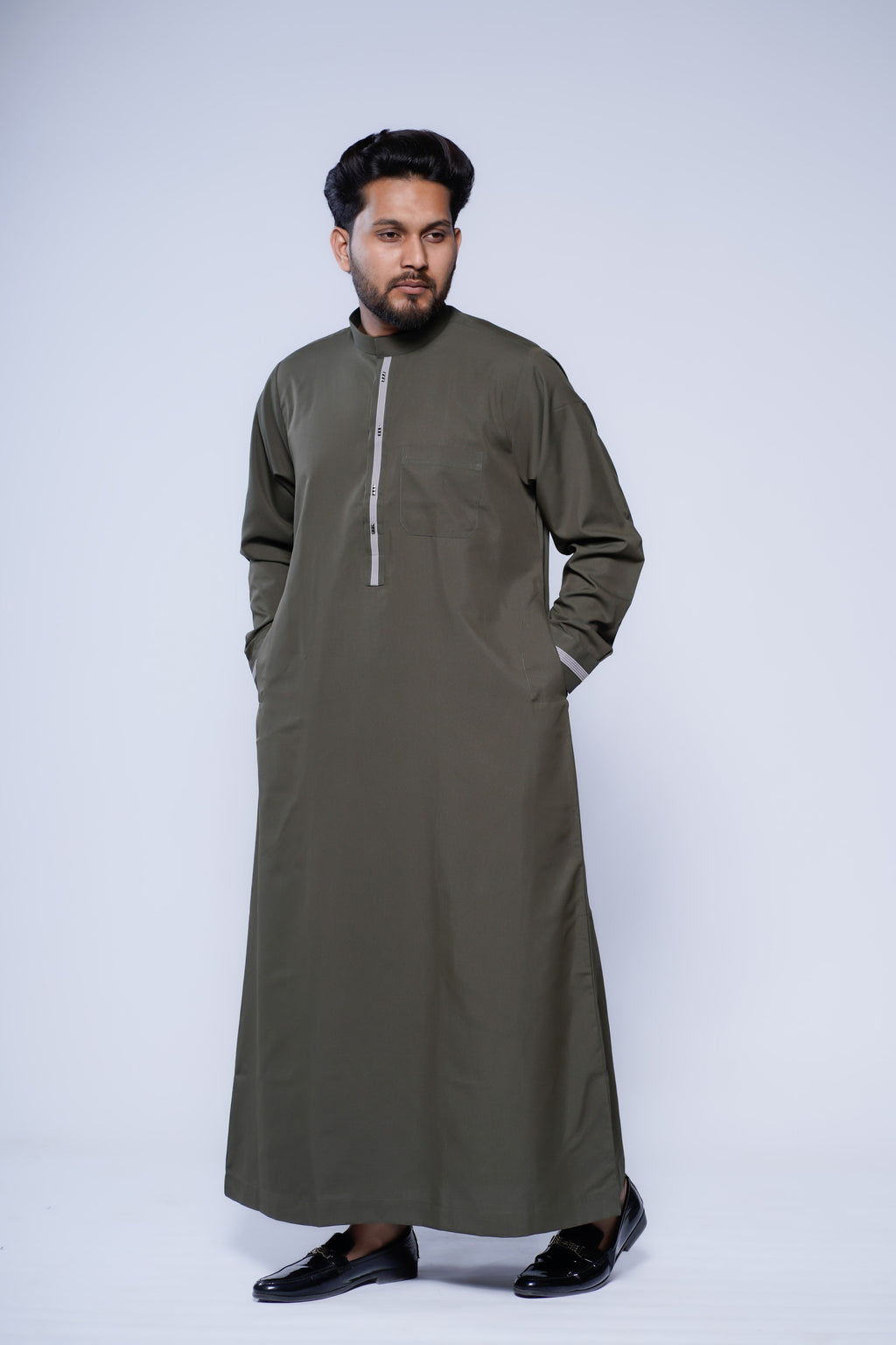Band Collar Jubba With Velvet Stripe Design