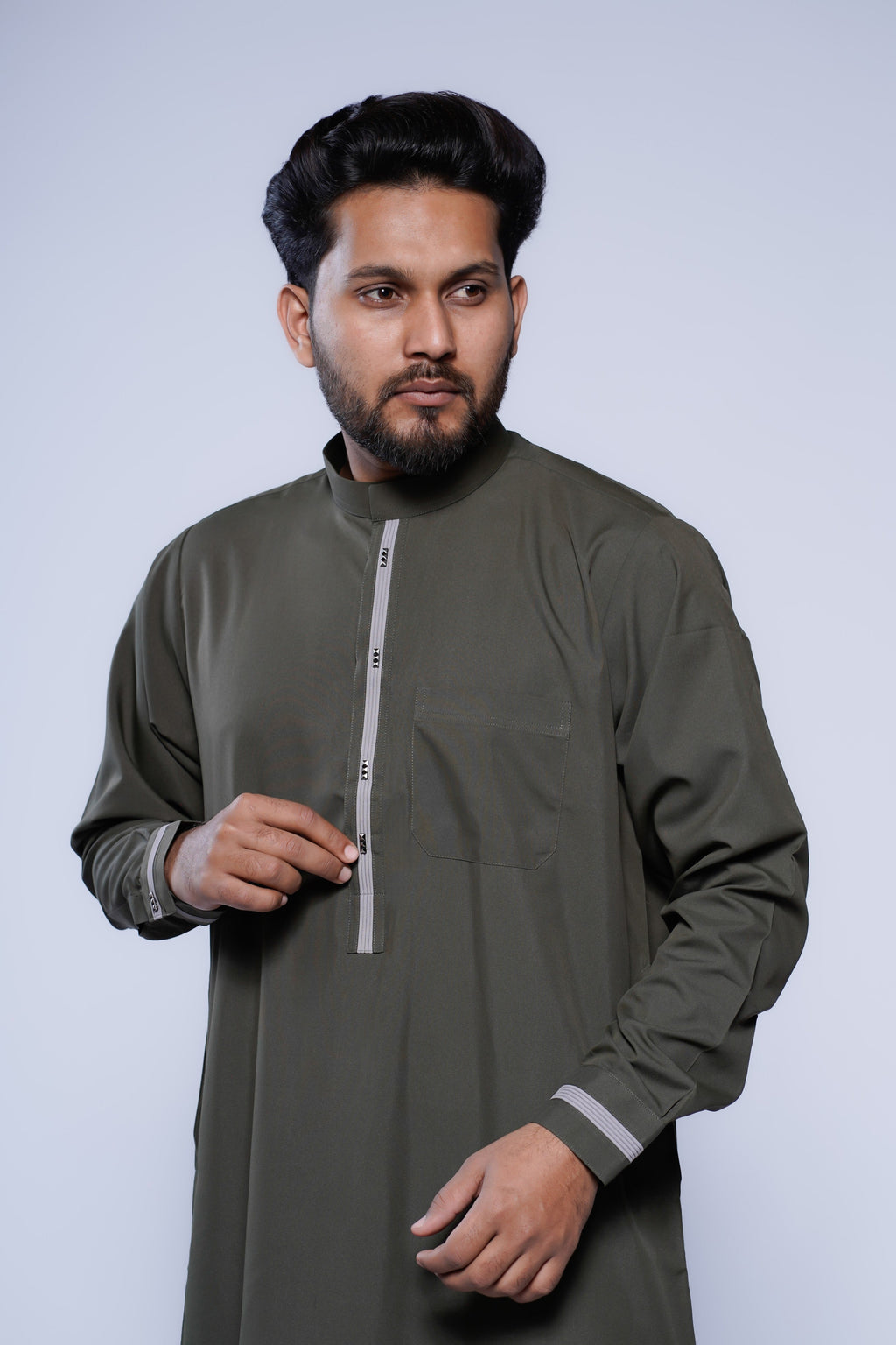 Band Collar Jubba With Velvet Stripe Design
