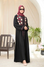 Black Button Closed Abaya with Stitched Floral Embroidery