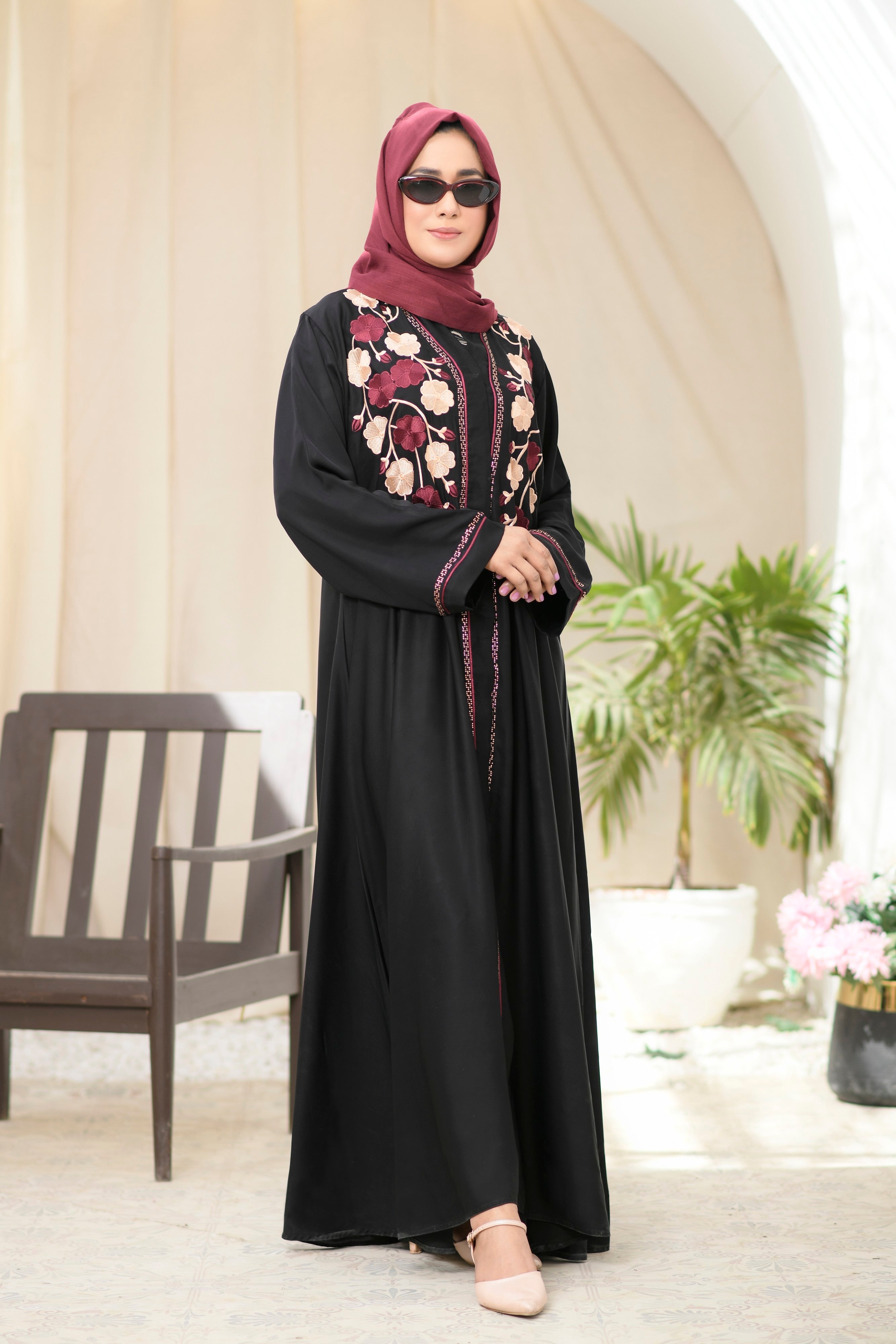Black Button Closed Abaya with Stitched Floral Embroidery