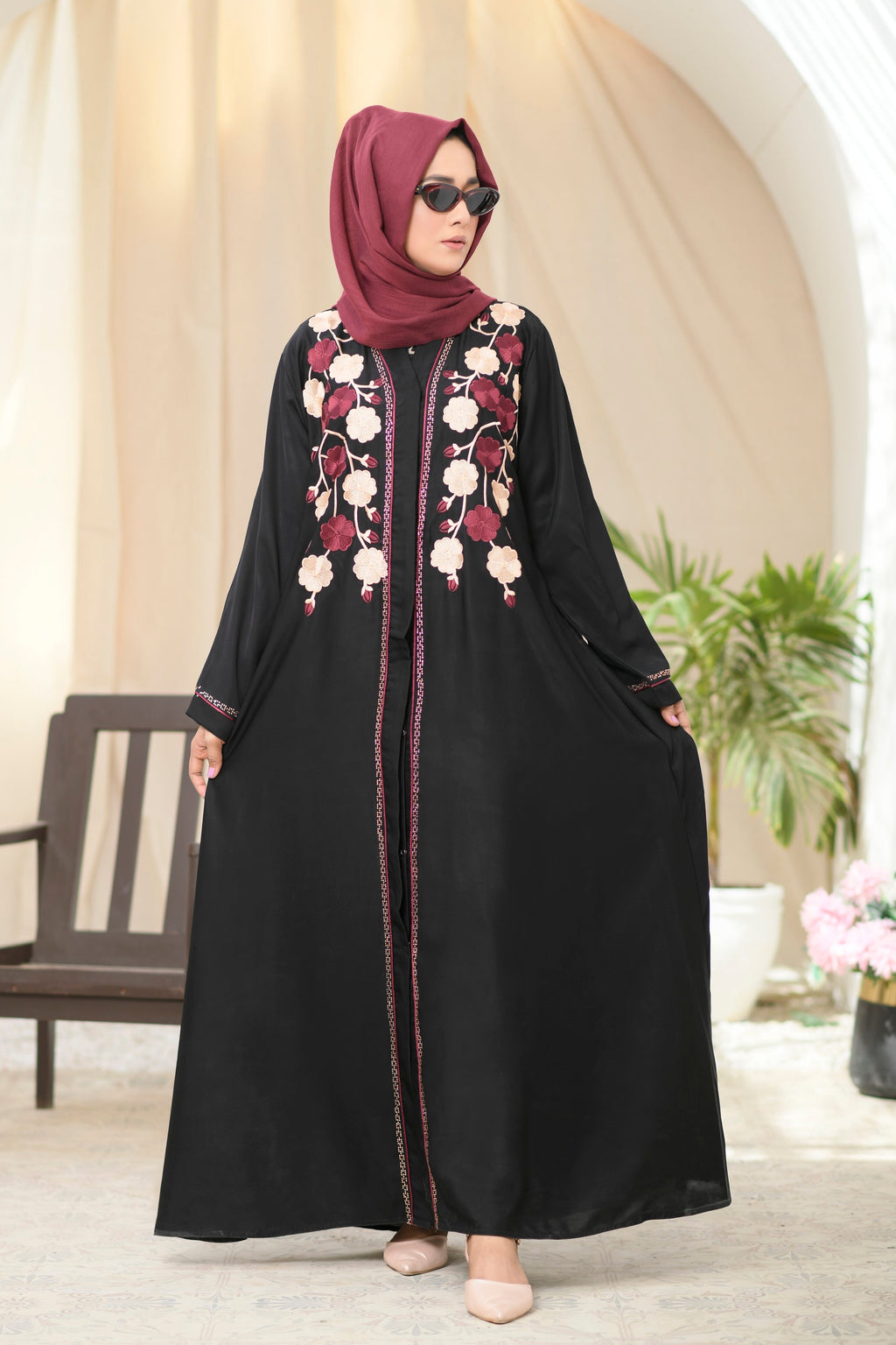 Black Button Closed Abaya with Stitched Floral Embroidery