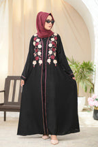 Black Button Closed Abaya with Stitched Floral Embroidery