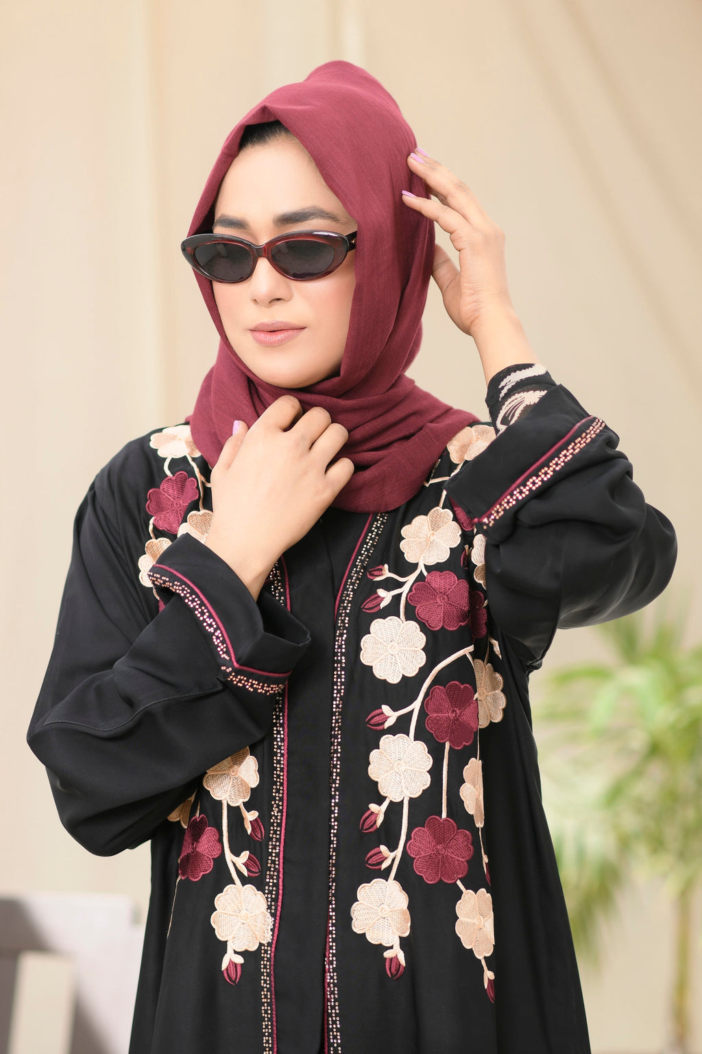 Black Button Closed Abaya with Stitched Floral Embroidery