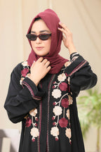 Black Button Closed Abaya with Stitched Floral Embroidery
