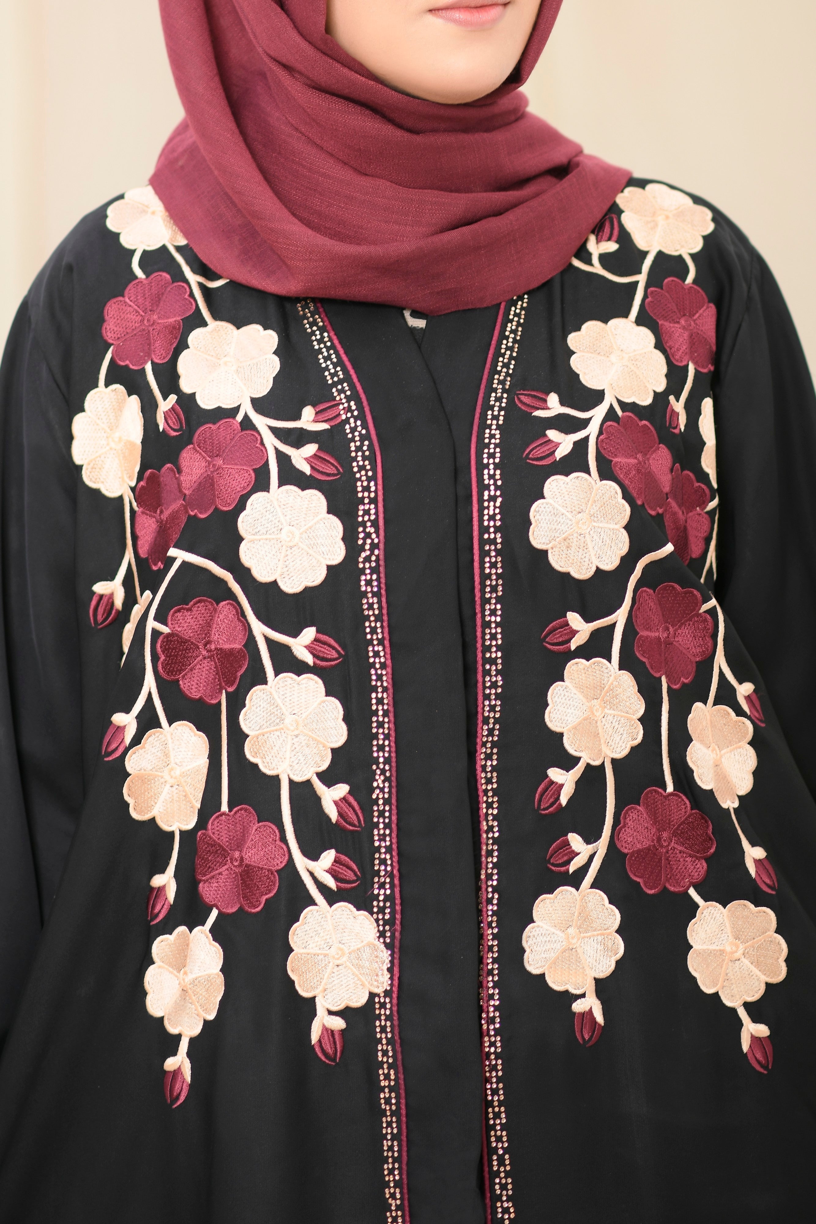 Black Button Closed Abaya with Stitched Floral Embroidery