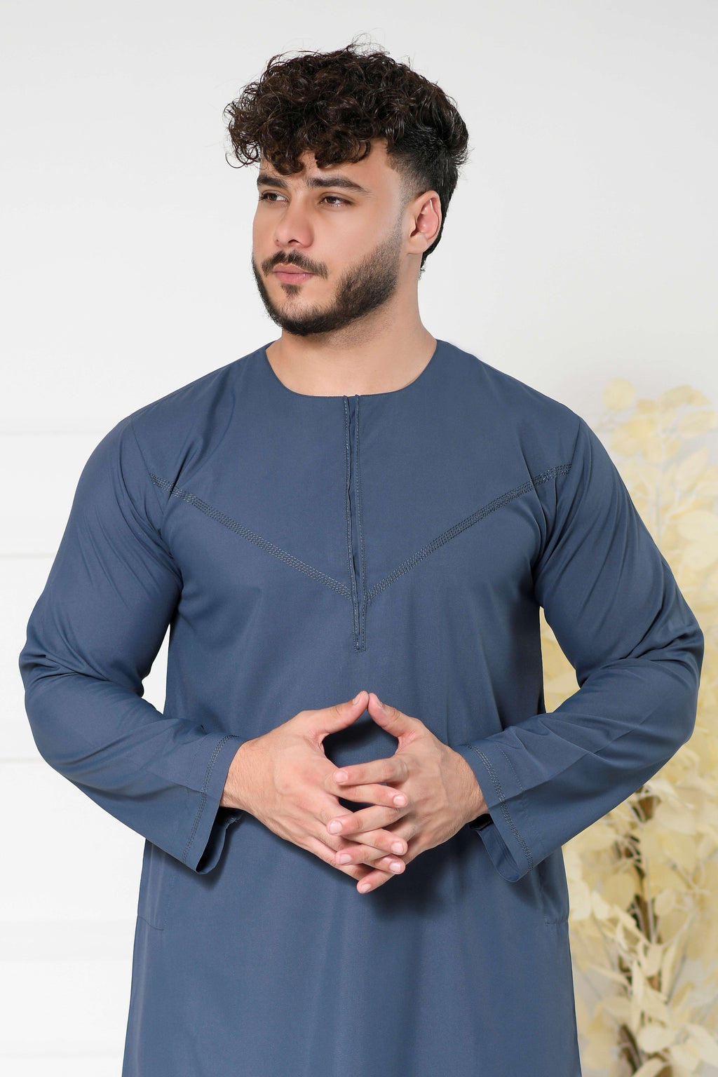 Navy Omani Round Neck Jubba with V Neck Stitched Embroidery
