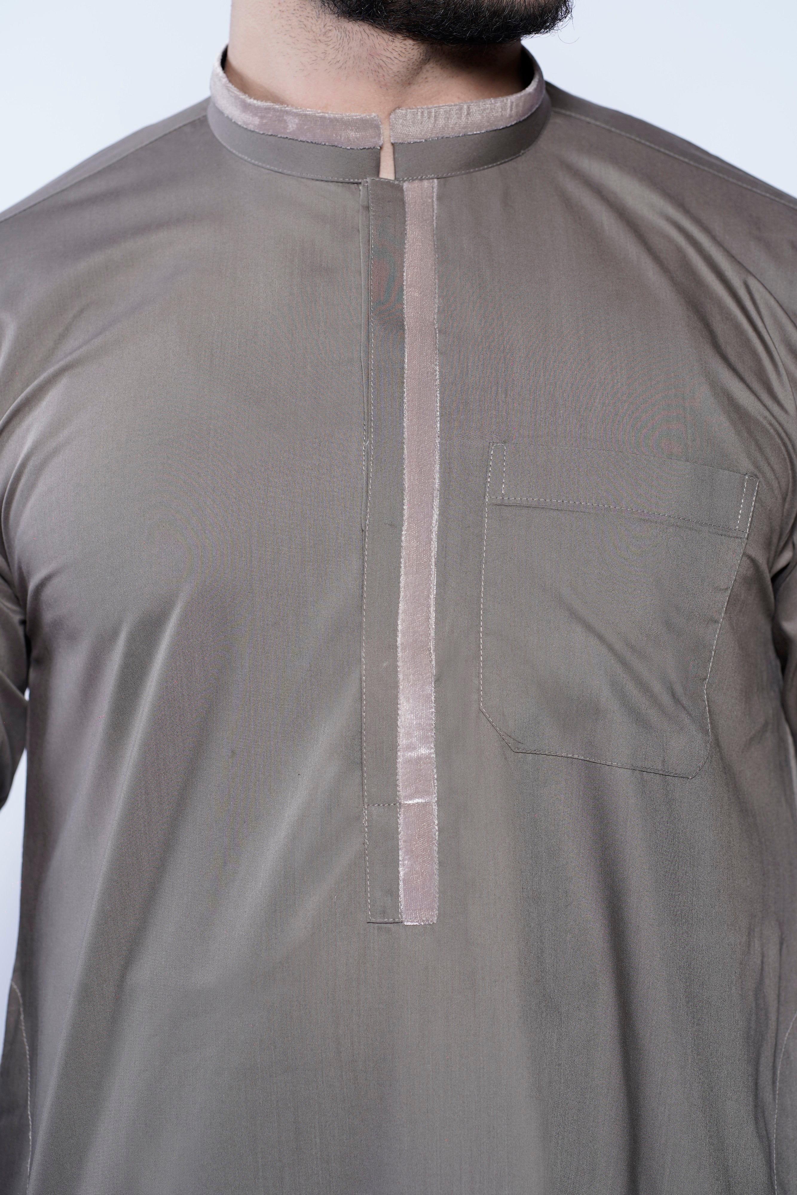 Band Collar Jubba With Velvet Details