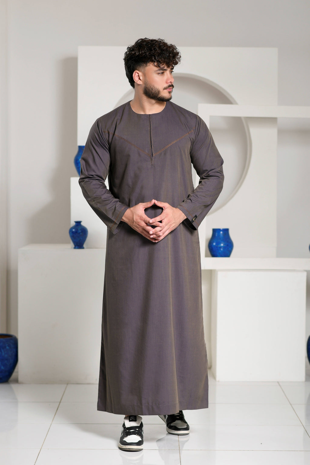Navy Omani Round Neck Jubba with V Neck Stitched Embroidery