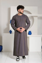 Navy Omani Round Neck Jubba with V Neck Stitched Embroidery