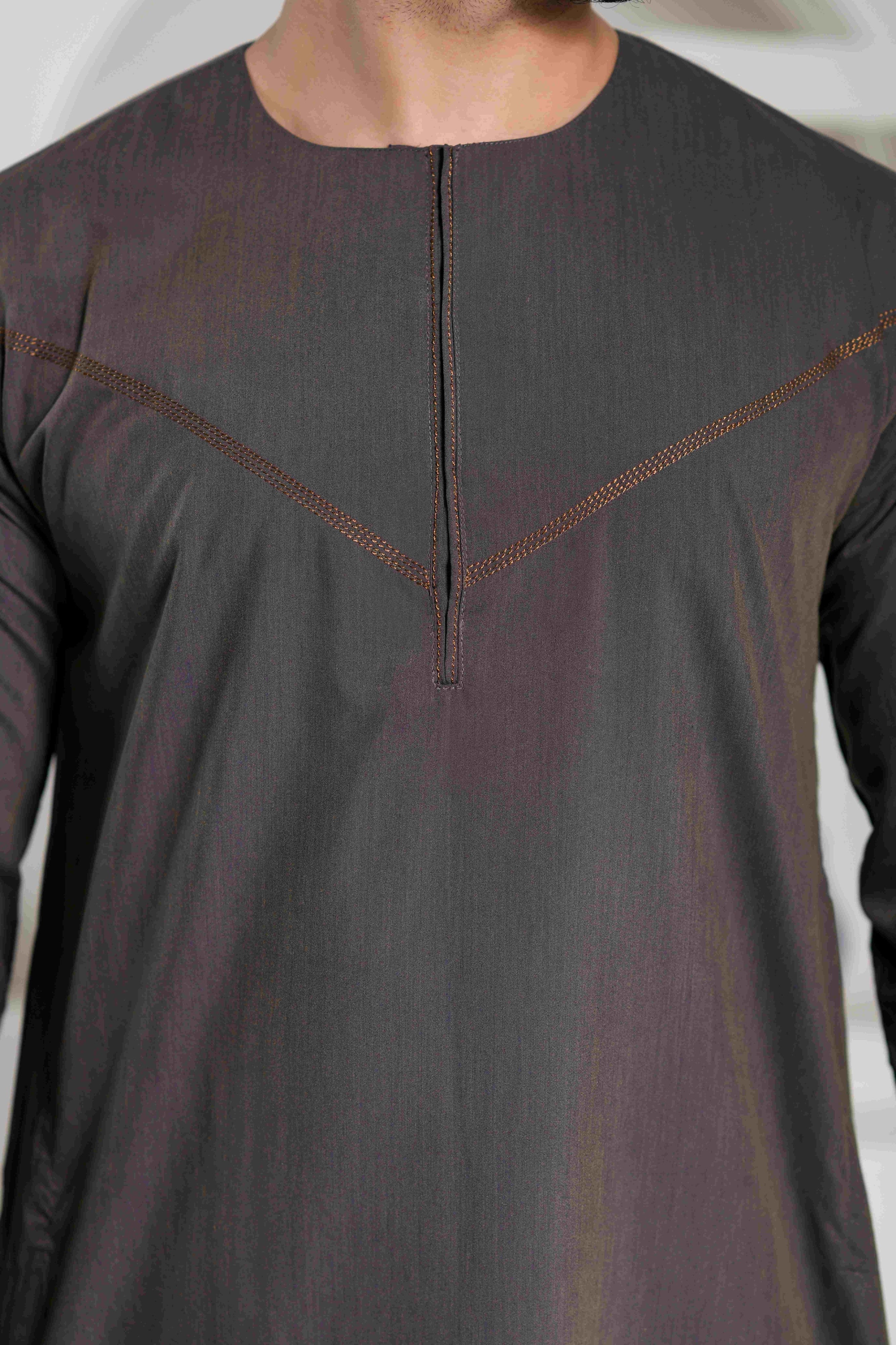 Navy Omani Round Neck Jubba with V Neck Stitched Embroidery