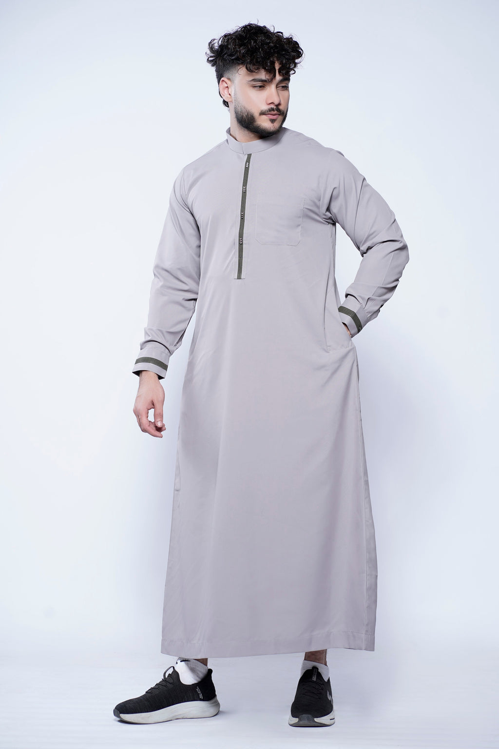 Band Collar Jubba With Velvet Stripe Design