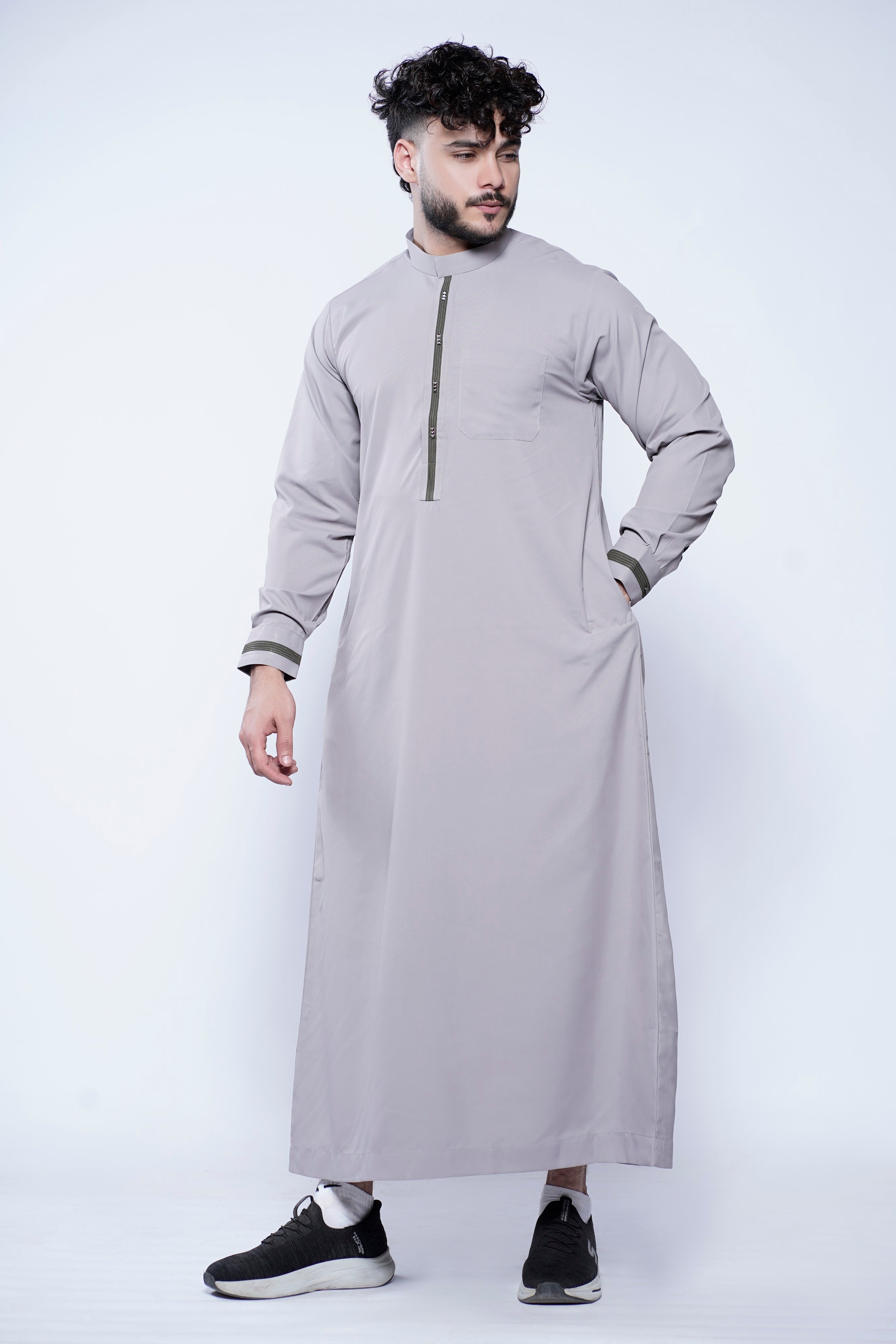 Band Collar Jubba With Velvet Stripe Design