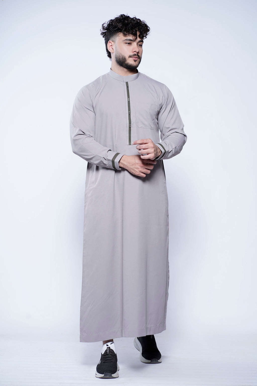 Band Collar Jubba With Velvet Stripe Design