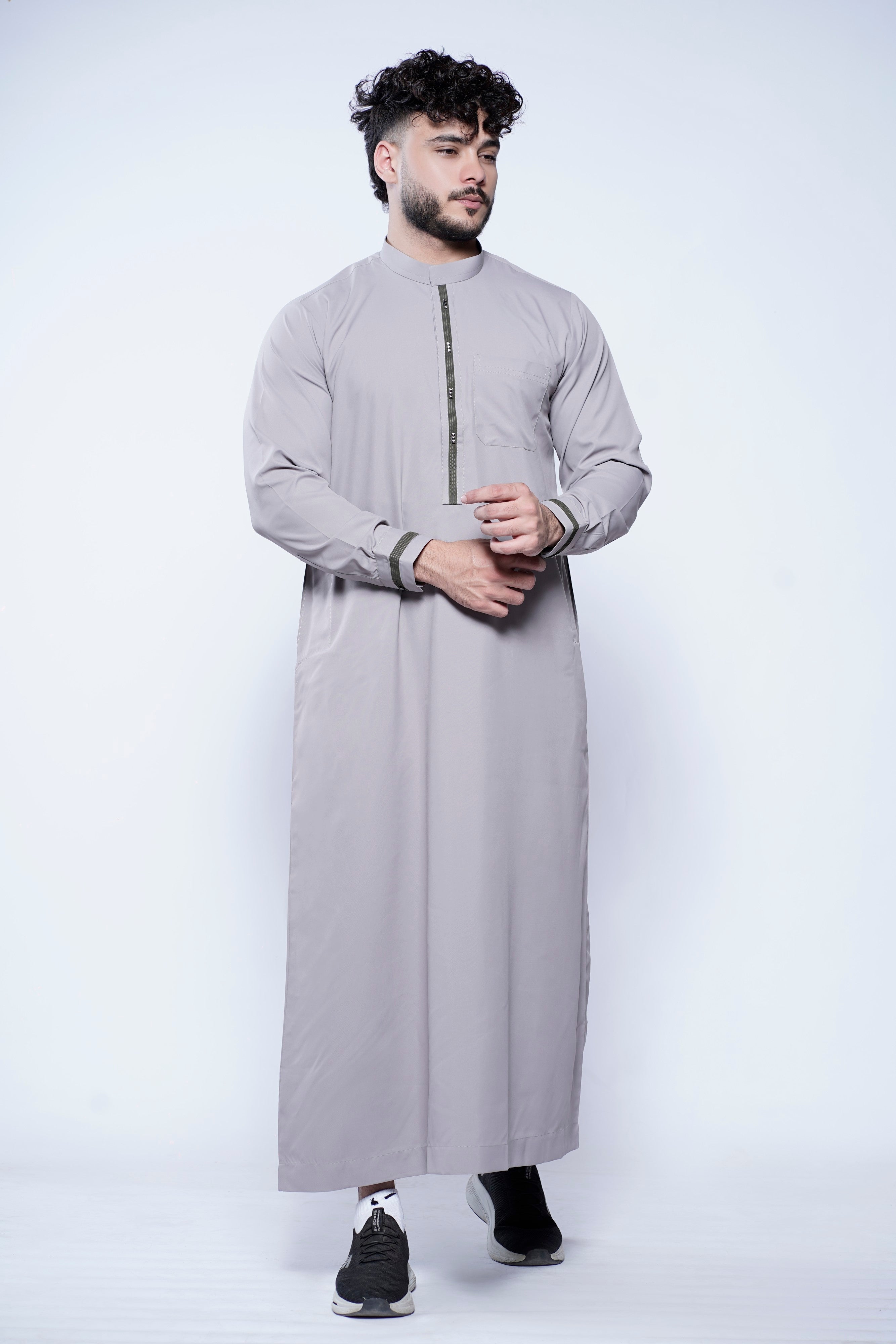 Band Collar Jubba With Velvet Stripe Design