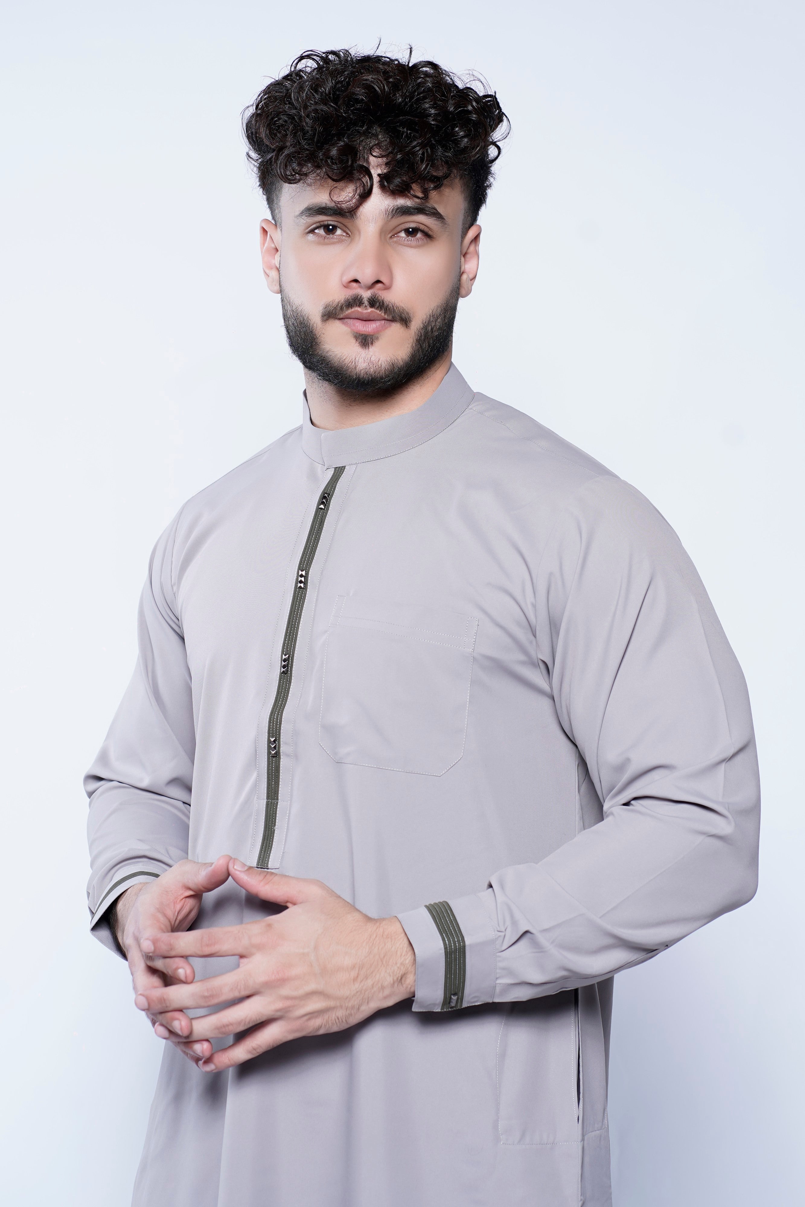 Band Collar Jubba With Velvet Stripe Design