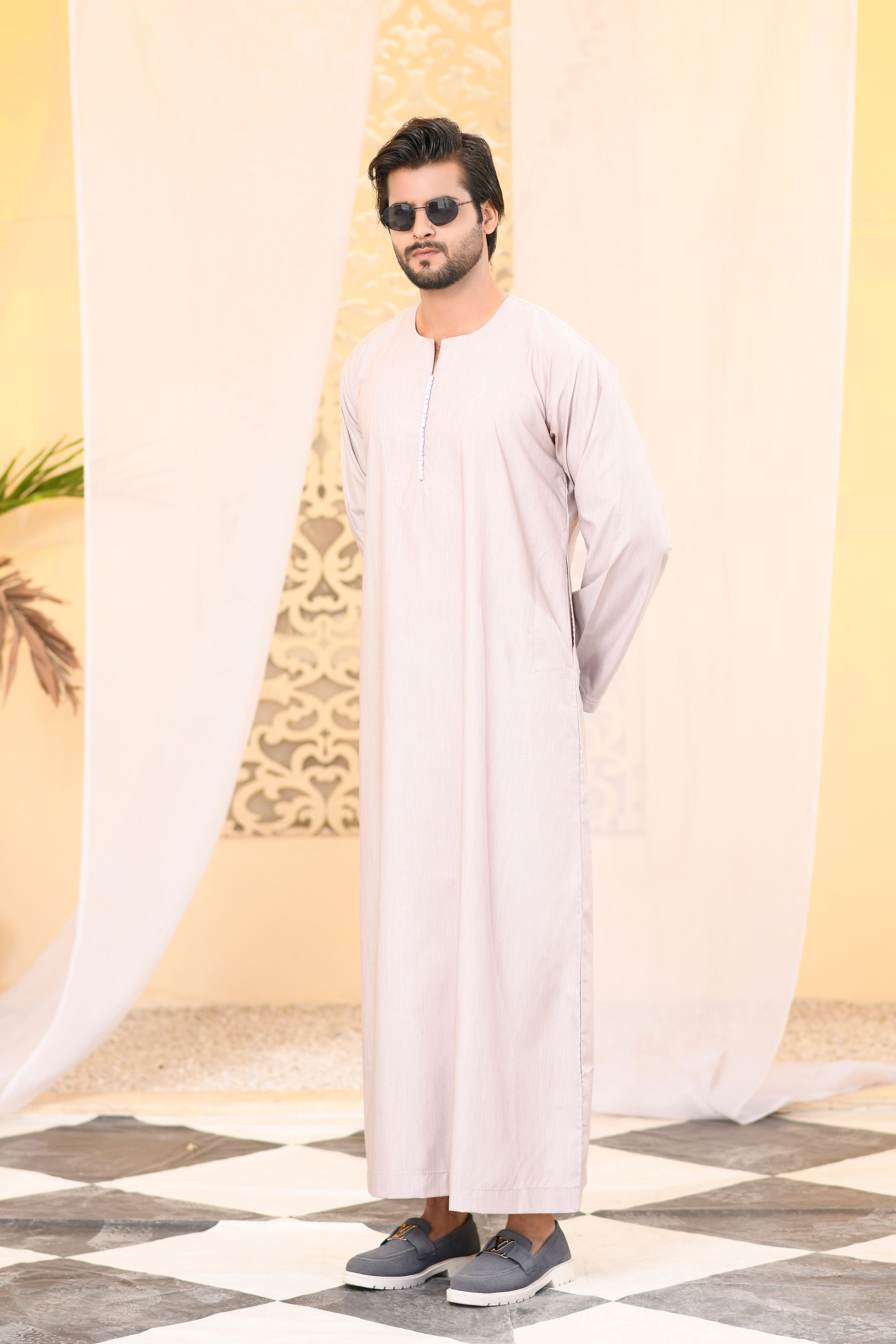 Beige Omani Long Sleeve Jubba Beaded Details
