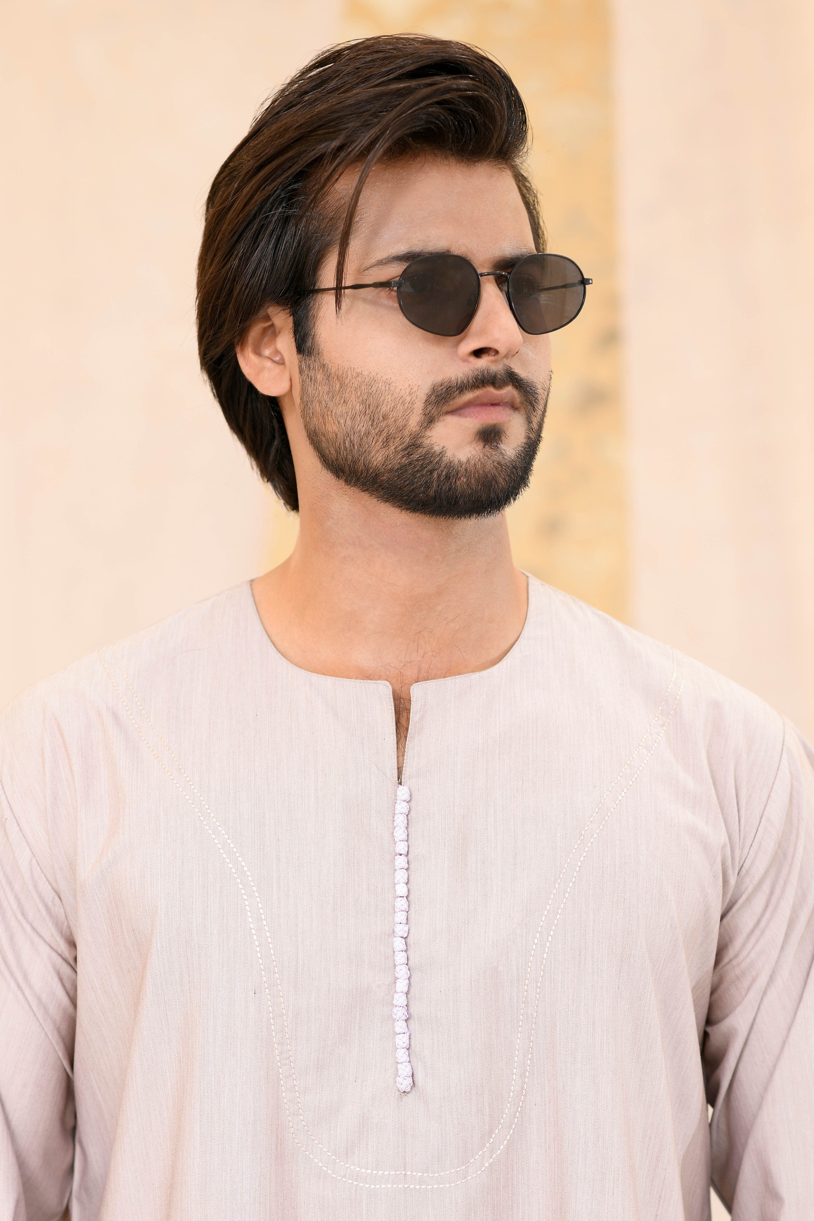 Beige Omani Long Sleeve Jubba Beaded Details
