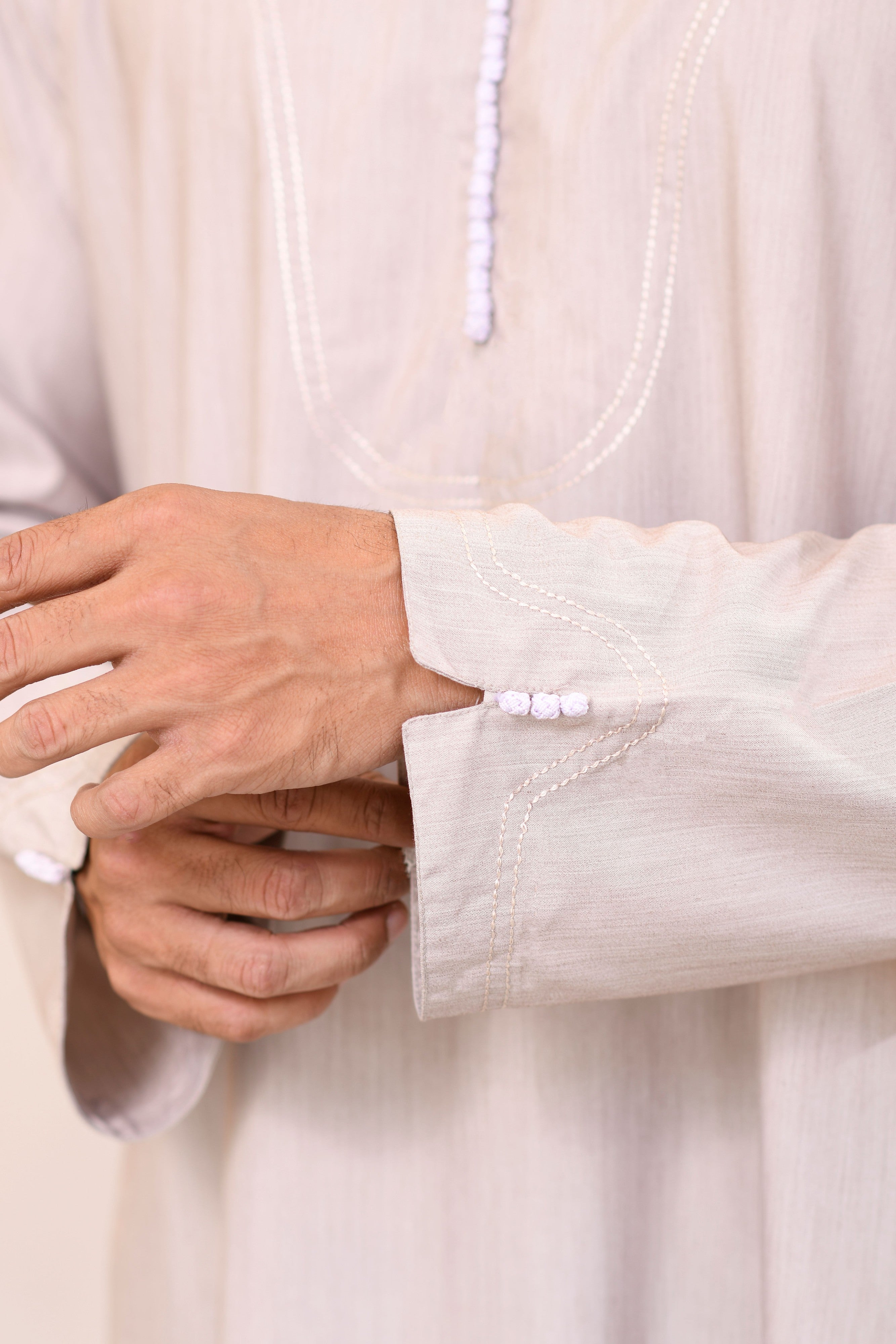 Beige Omani Long Sleeve Jubba Beaded Details