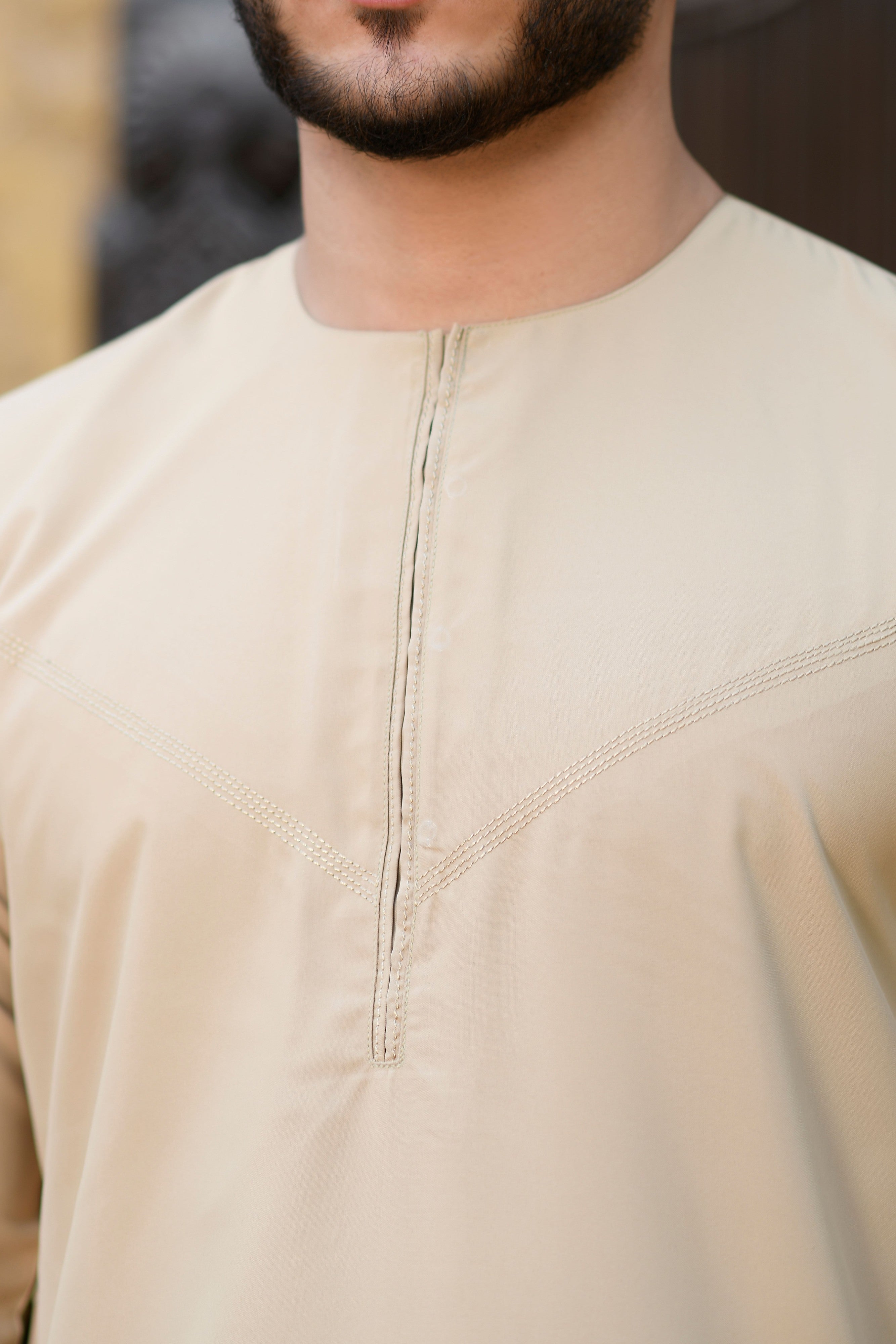 Navy Omani Round Neck Jubba with V Neck Stitched Embroidery