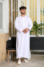 White Omani Round Neck Long Sleeve Jubba with Stitched Embroidery Design