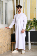 White Omani Round Neck Long Sleeve Jubba with Stitched Embroidery Design