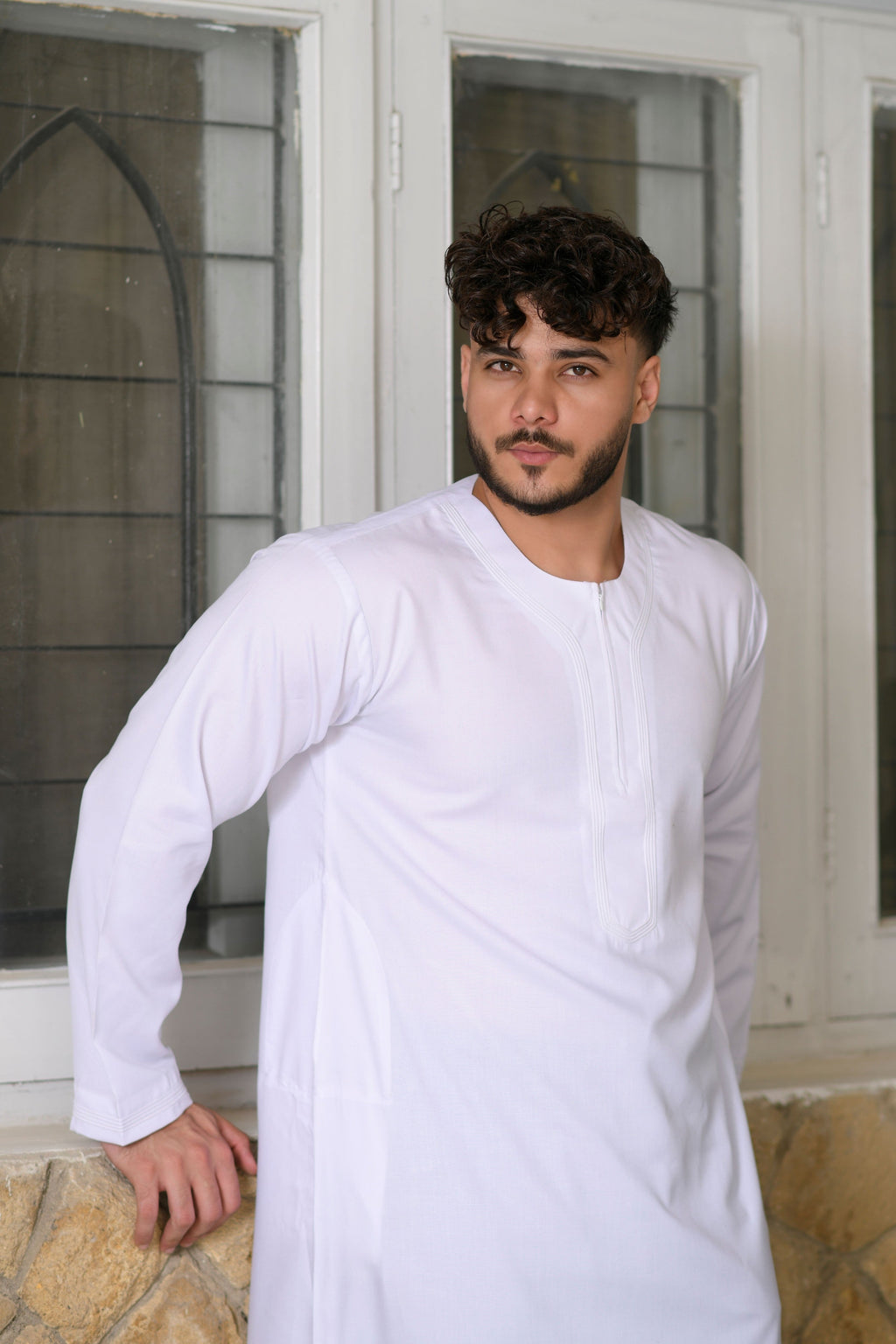 White Omani Round Neck Long Sleeve Jubba with Stitched Embroidery Design
