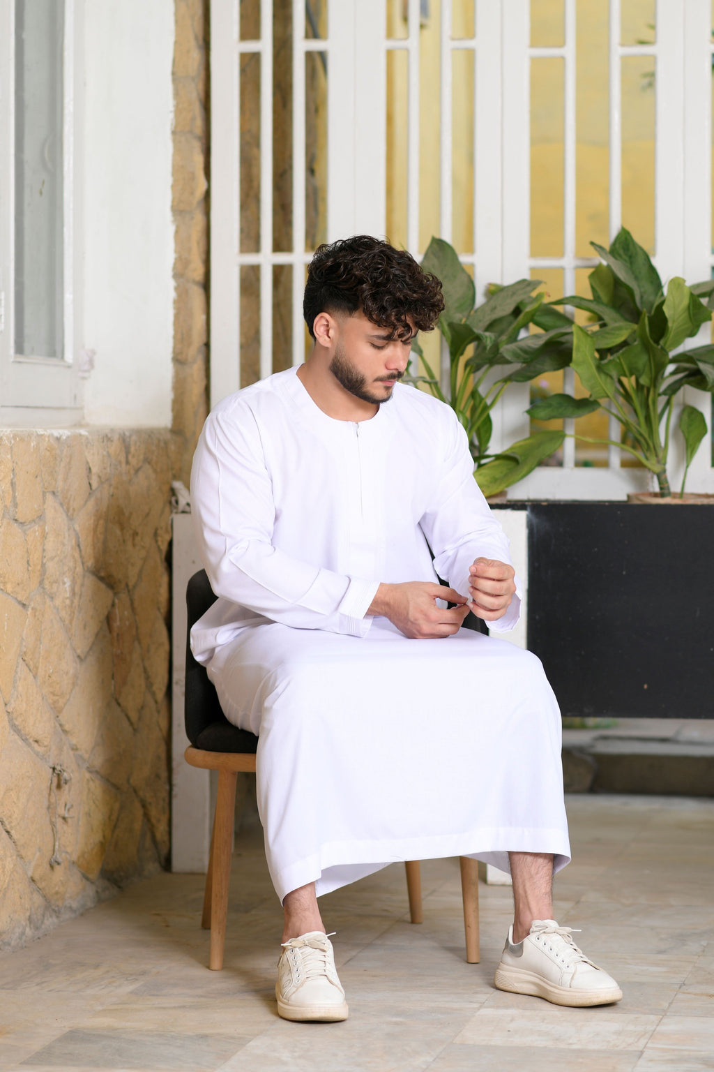 White Omani Round Neck Long Sleeve Jubba with Stitched Embroidery Design