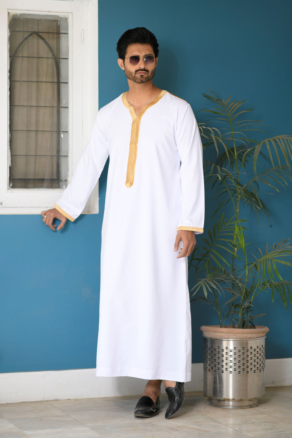 White Omani Jubba with Gold Embroidery