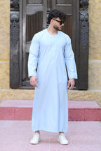 White Omani Round Neck Long Sleeve Jubba with Stitched Embroidery Design