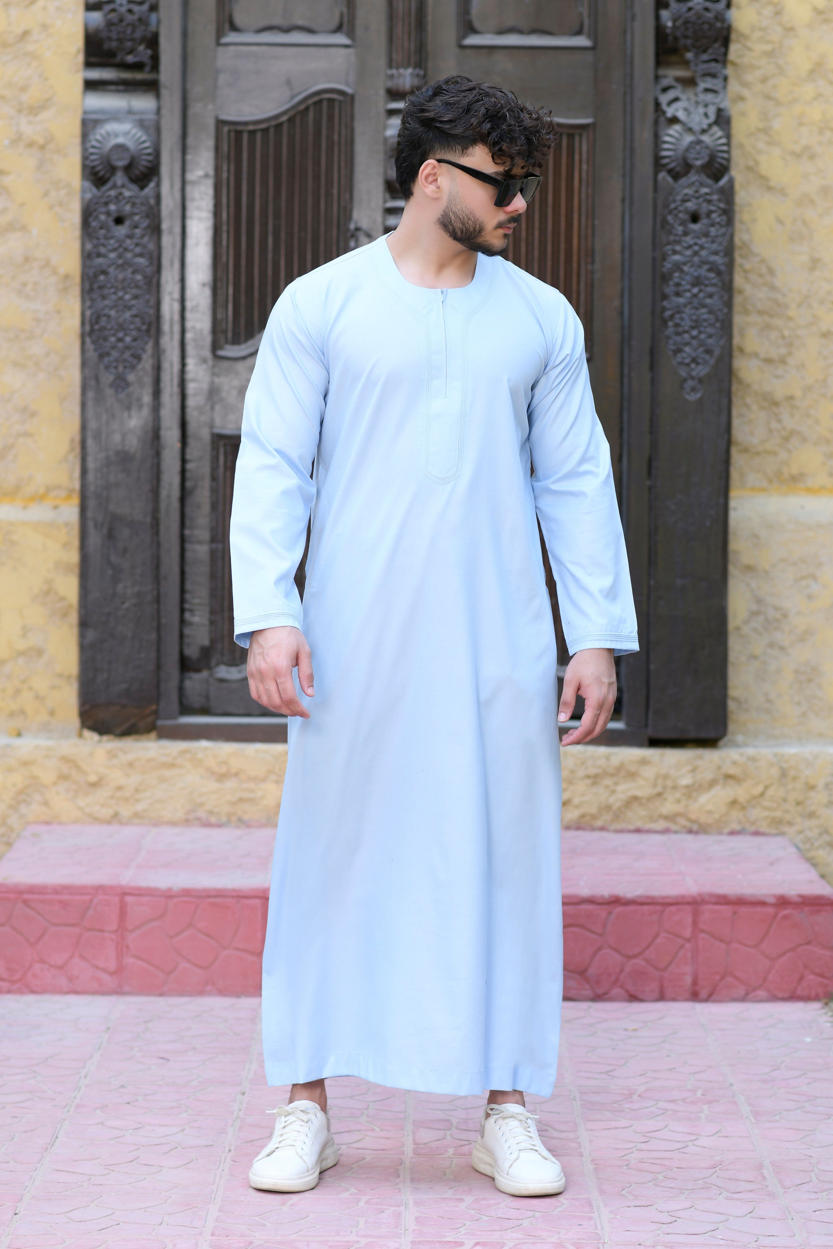 White Omani Round Neck Long Sleeve Jubba with Stitched Embroidery Design