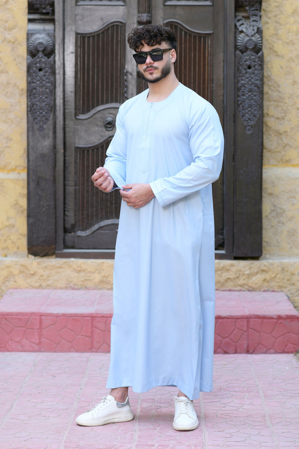 White Omani Round Neck Long Sleeve Jubba with Stitched Embroidery Design