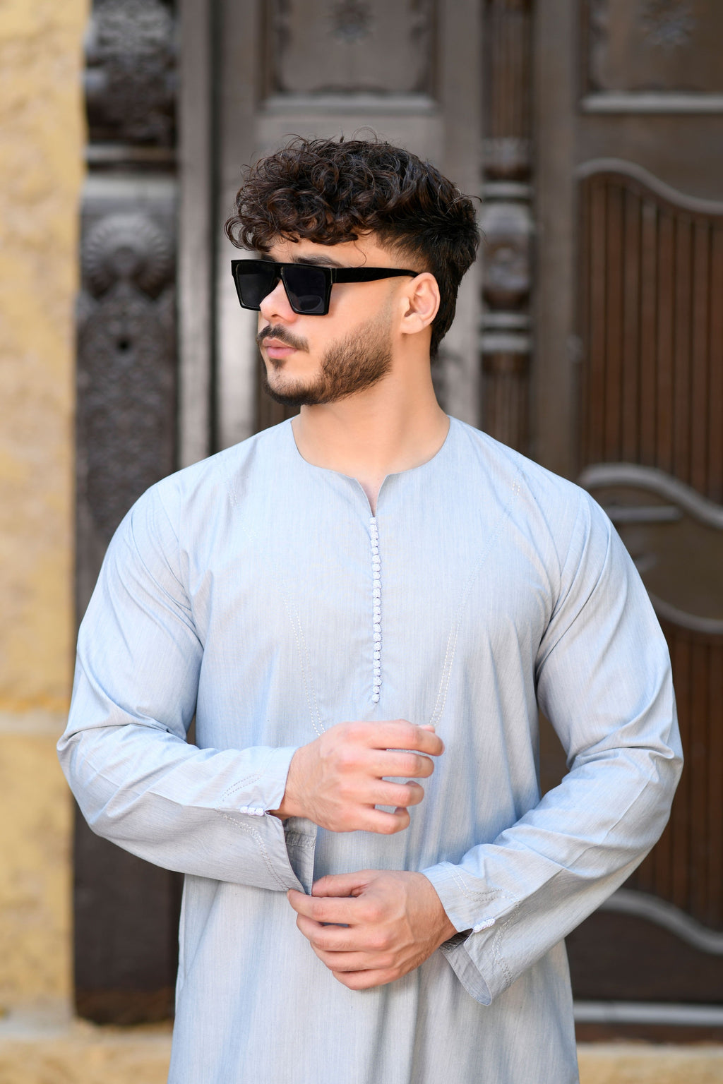Beige Omani Long Sleeve Jubba Beaded Details