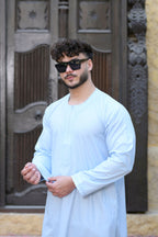 White Omani Round Neck Long Sleeve Jubba with Stitched Embroidery Design