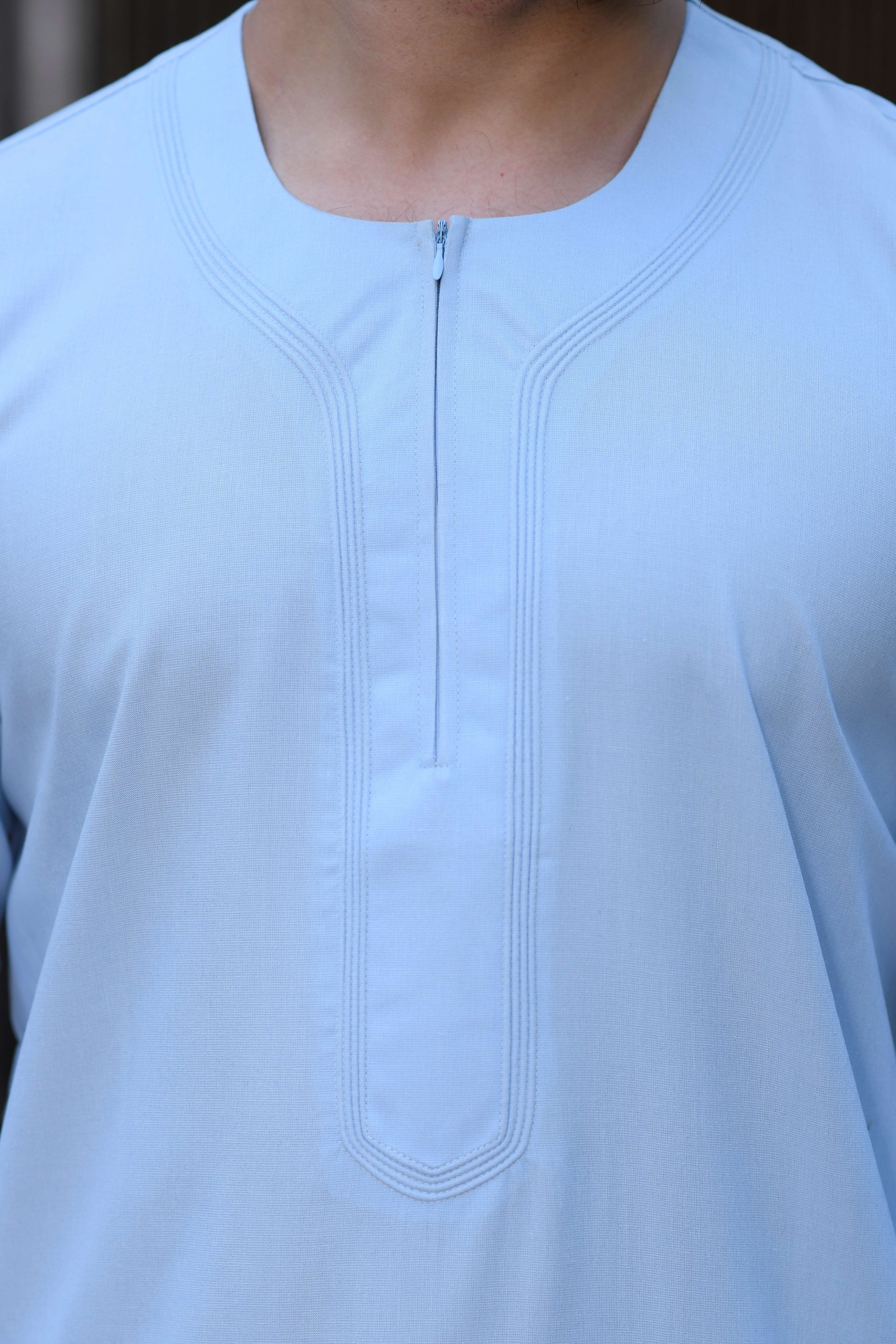White Omani Round Neck Long Sleeve Jubba with Stitched Embroidery Design