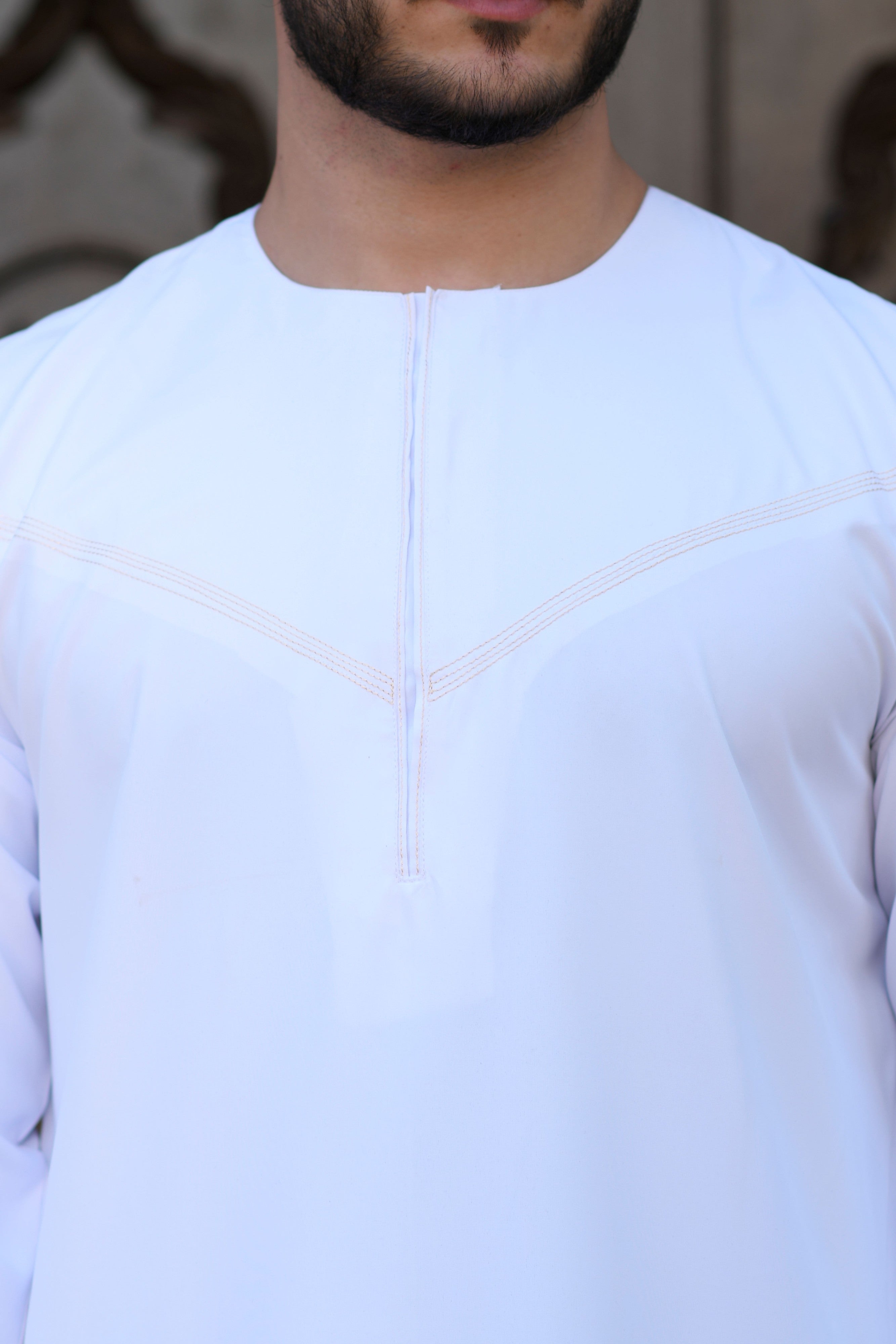 Navy Omani Round Neck Jubba with V Neck Stitched Embroidery