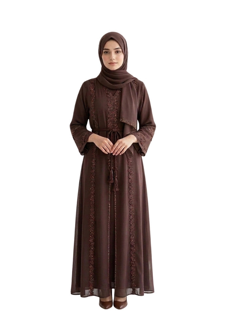 Women's Embellished Abaya with Floral Laces Belt