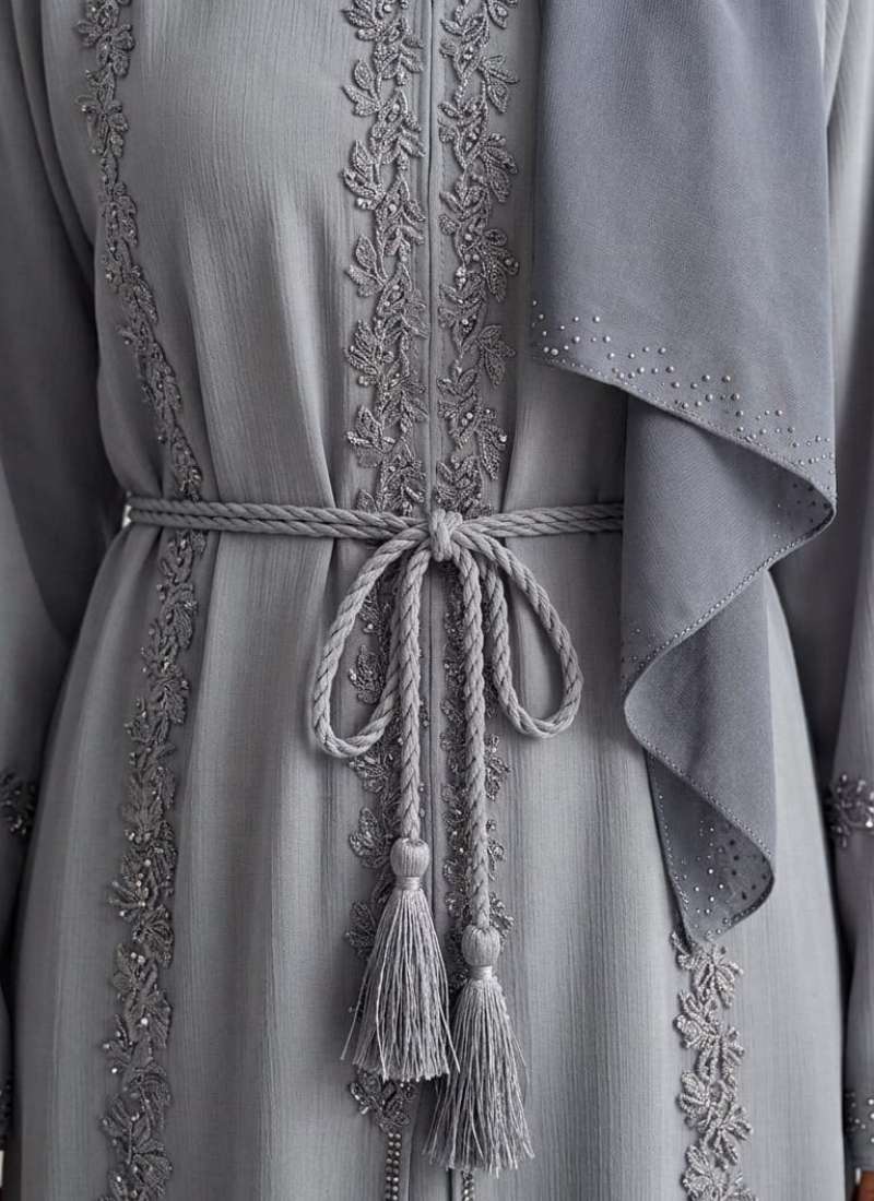 Women's Embellished Abaya with Floral Laces Belt
