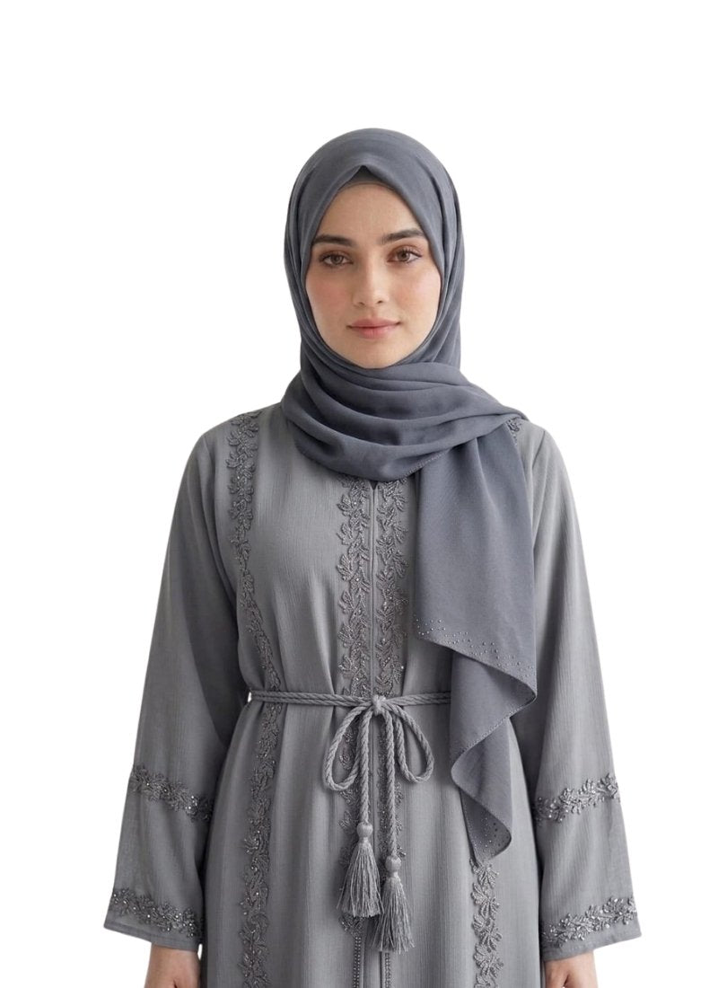 Women's Embellished Abaya with Floral Laces Belt