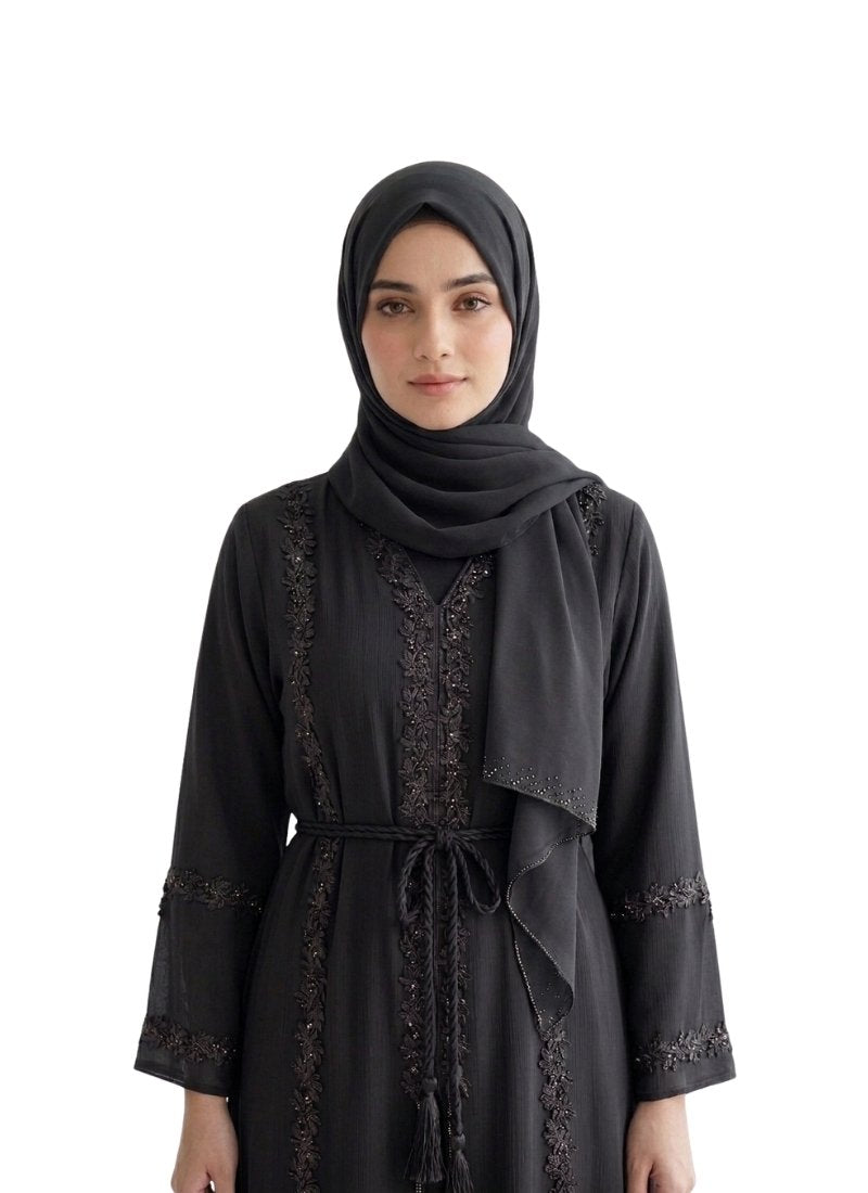 Women's Embellished Abaya with Floral Laces Belt