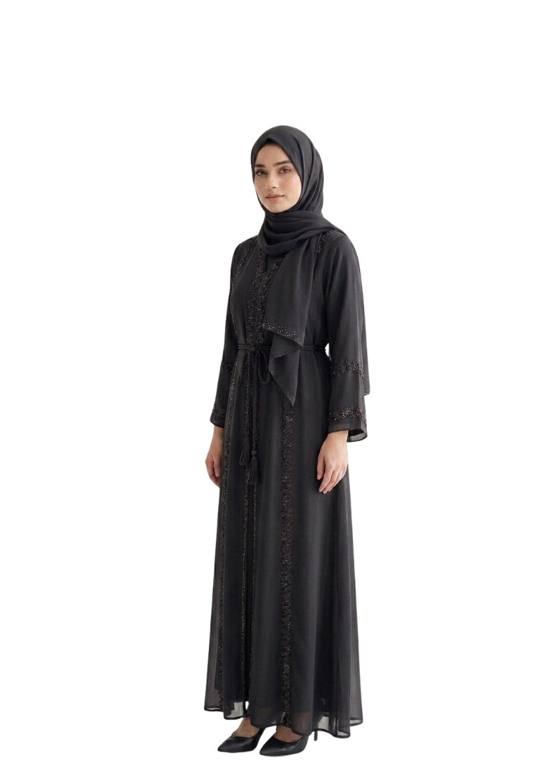 Women's Embellished Abaya with Floral Laces Belt