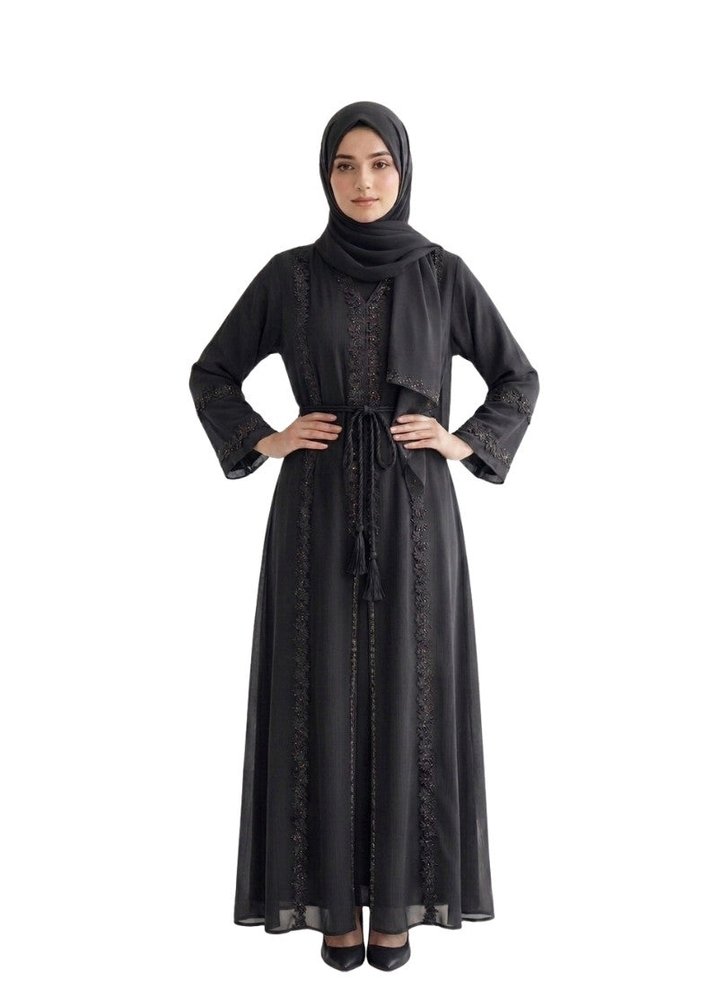 Women's Embellished Abaya with Floral Laces Belt